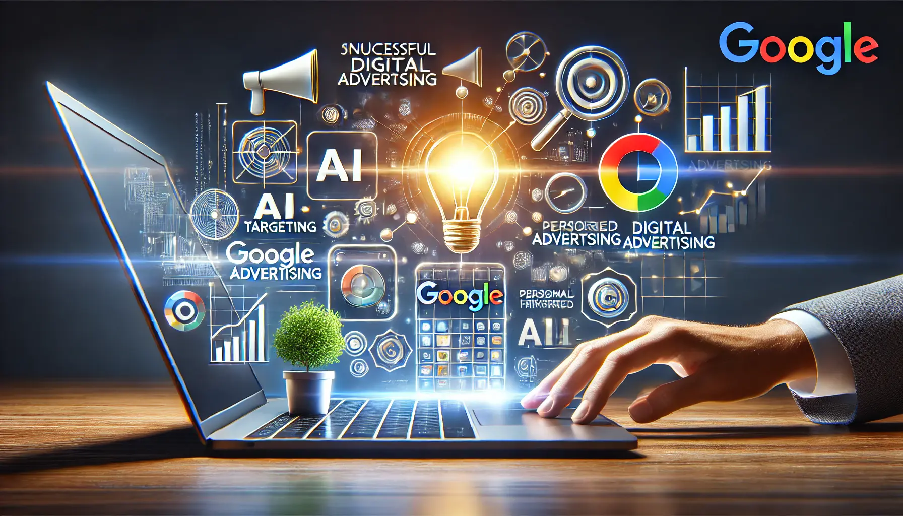 A professional representation of key takeaways from Google's advertising success, featuring innovation, AI targeting, and rising financial metrics.