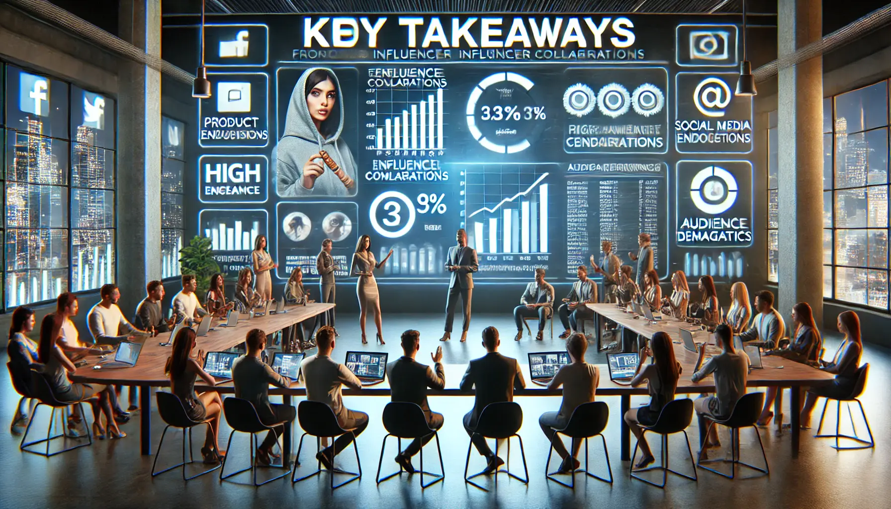 A digital marketing team reviewing the impact of influencer collaborations on a large screen, with visuals of product endorsements and engagement metrics.