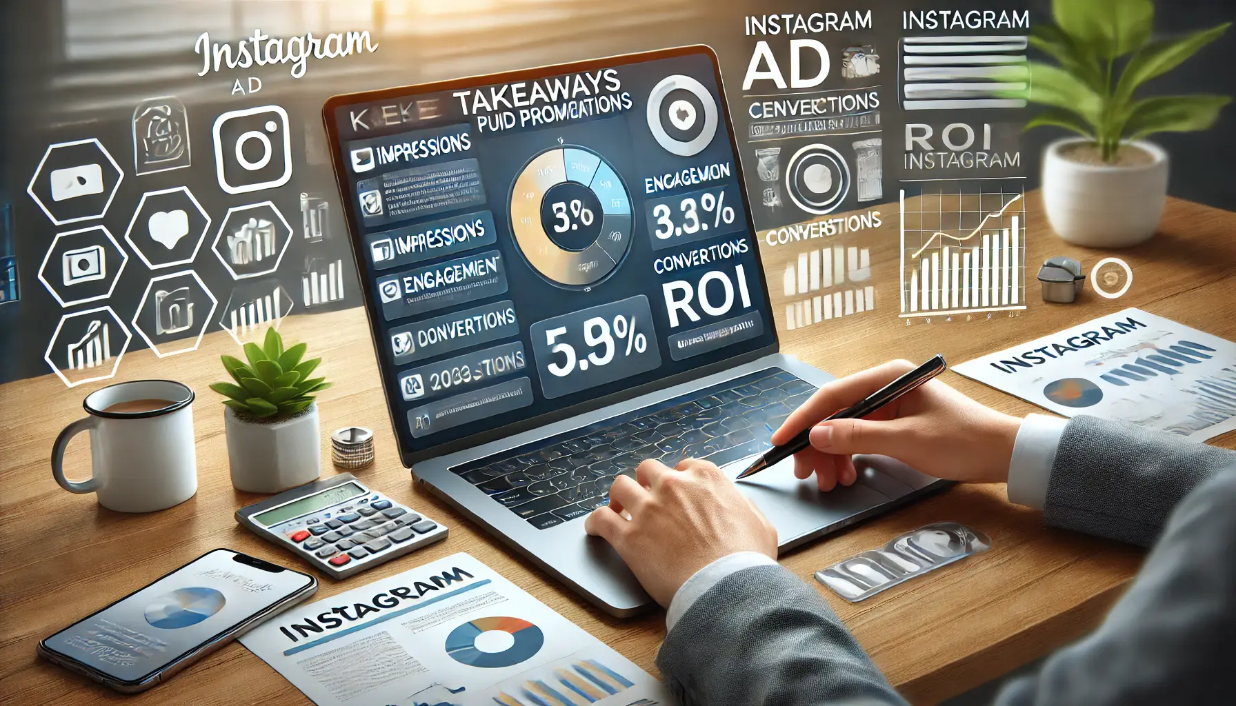 Illustration of a person reviewing key Instagram ad performance metrics on a laptop, surrounded by icons representing impressions, engagement, conversions, and ROI.