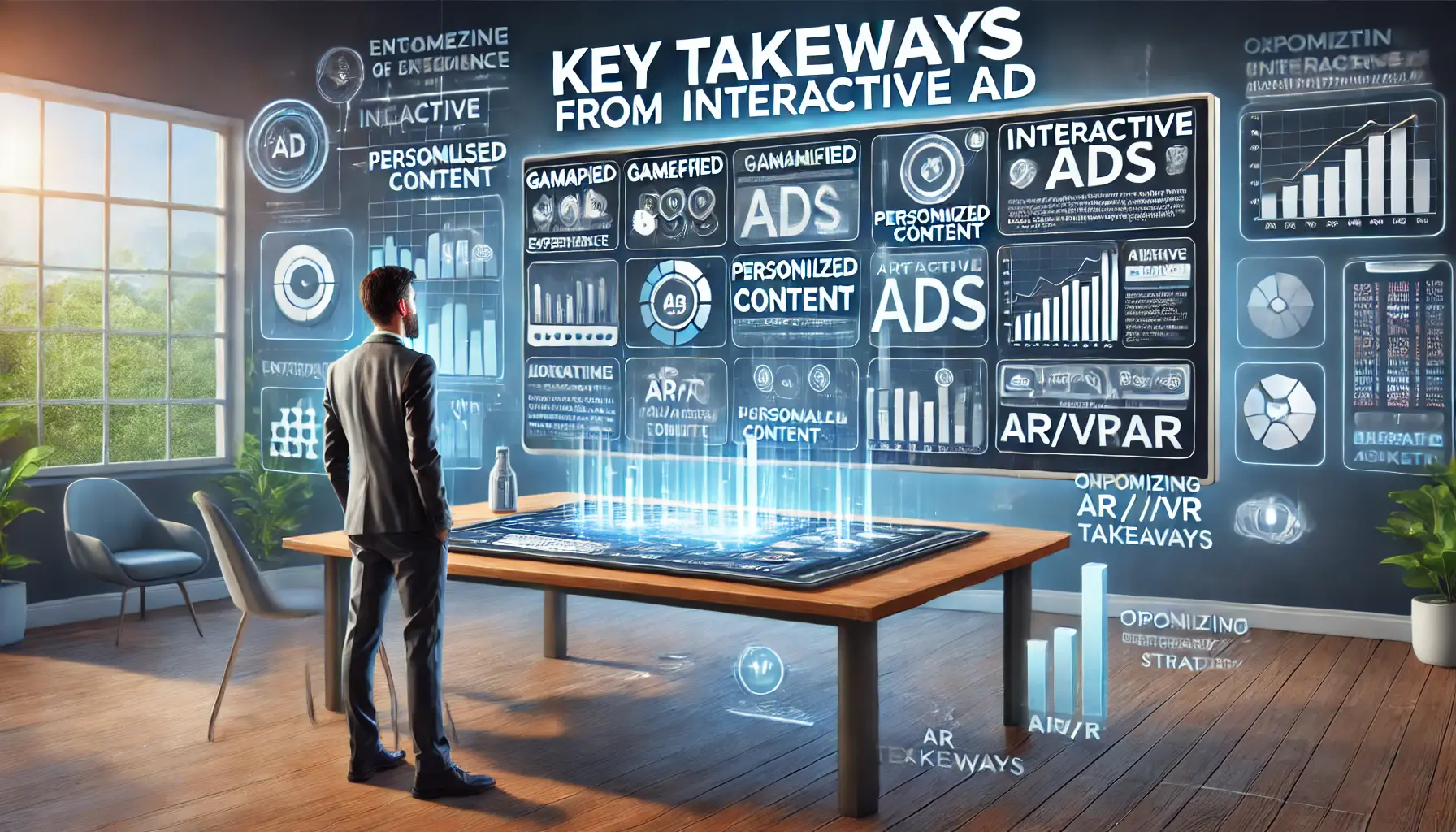 An illustration of a digital marketer analyzing performance metrics and insights from interactive ads, such as gamified experiences and AR/VR content.