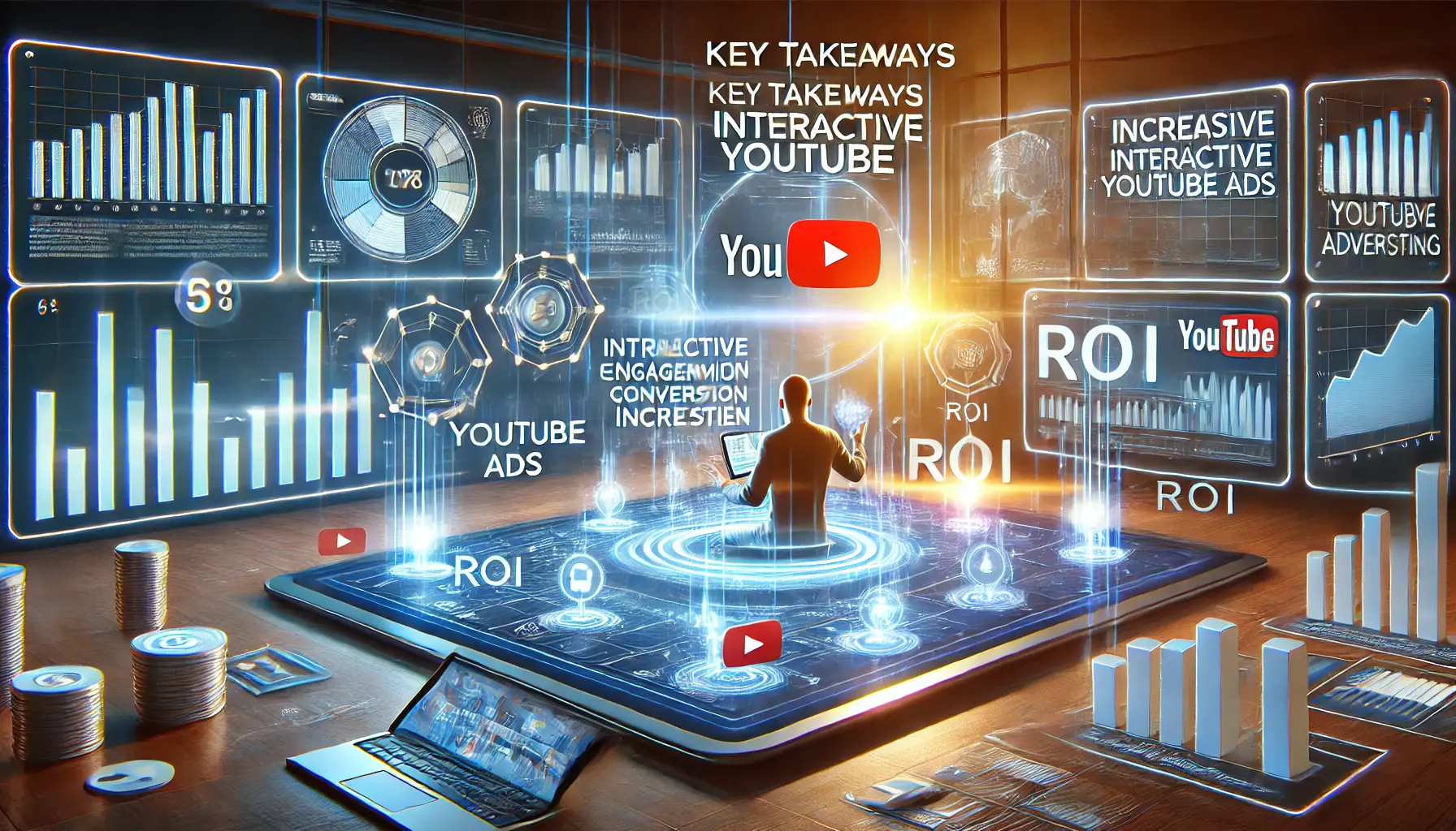 A person analyzing a digital dashboard displaying key metrics such as engagement, conversion, and ROI from interactive YouTube ads.