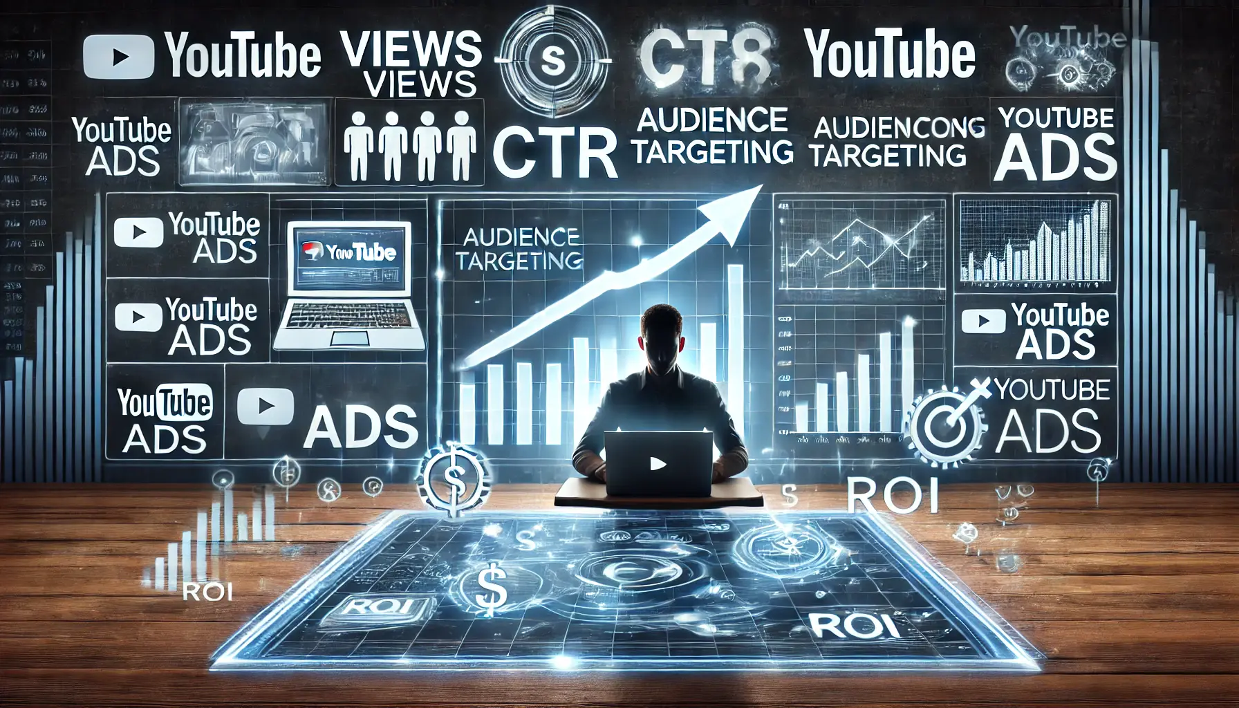 A digital dashboard showing performance metrics like views, CTR, and conversions, with a marketer analyzing the data.