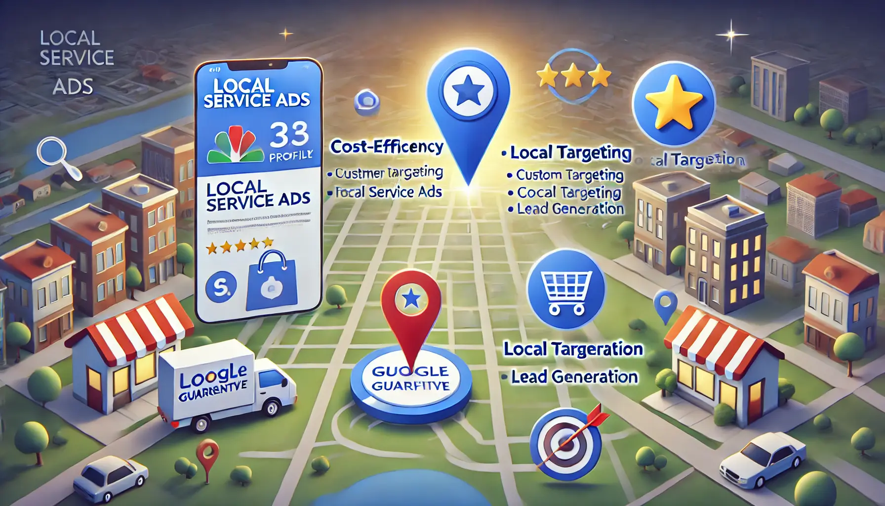 An illustration showing key features of Local Service Ads with a Google Guarantee badge, map pin, and customer inquiry icons.