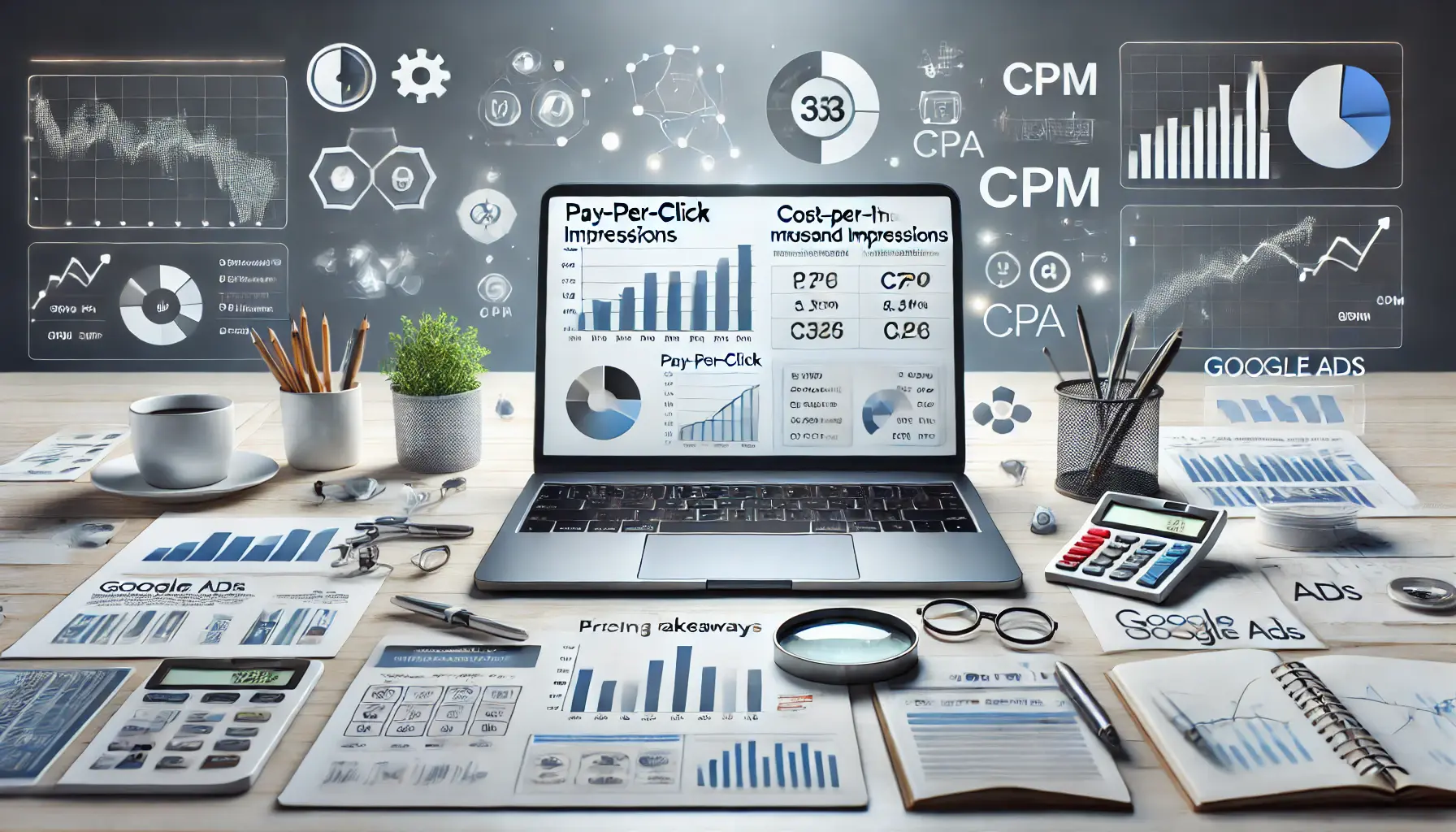 A digital marketing workspace showing a laptop displaying a dashboard comparing different Google Ads pricing models like PPC, CPM, and CPA.