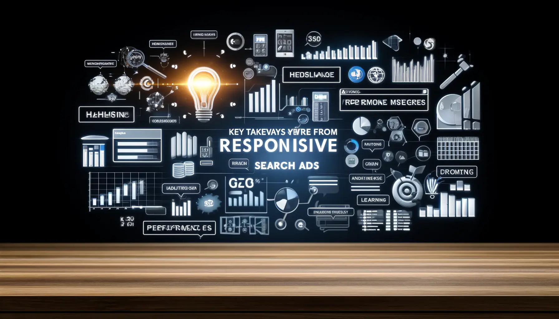 Visualization of key takeaways from responsive search ads with components like headlines, graphs, and lightbulbs.