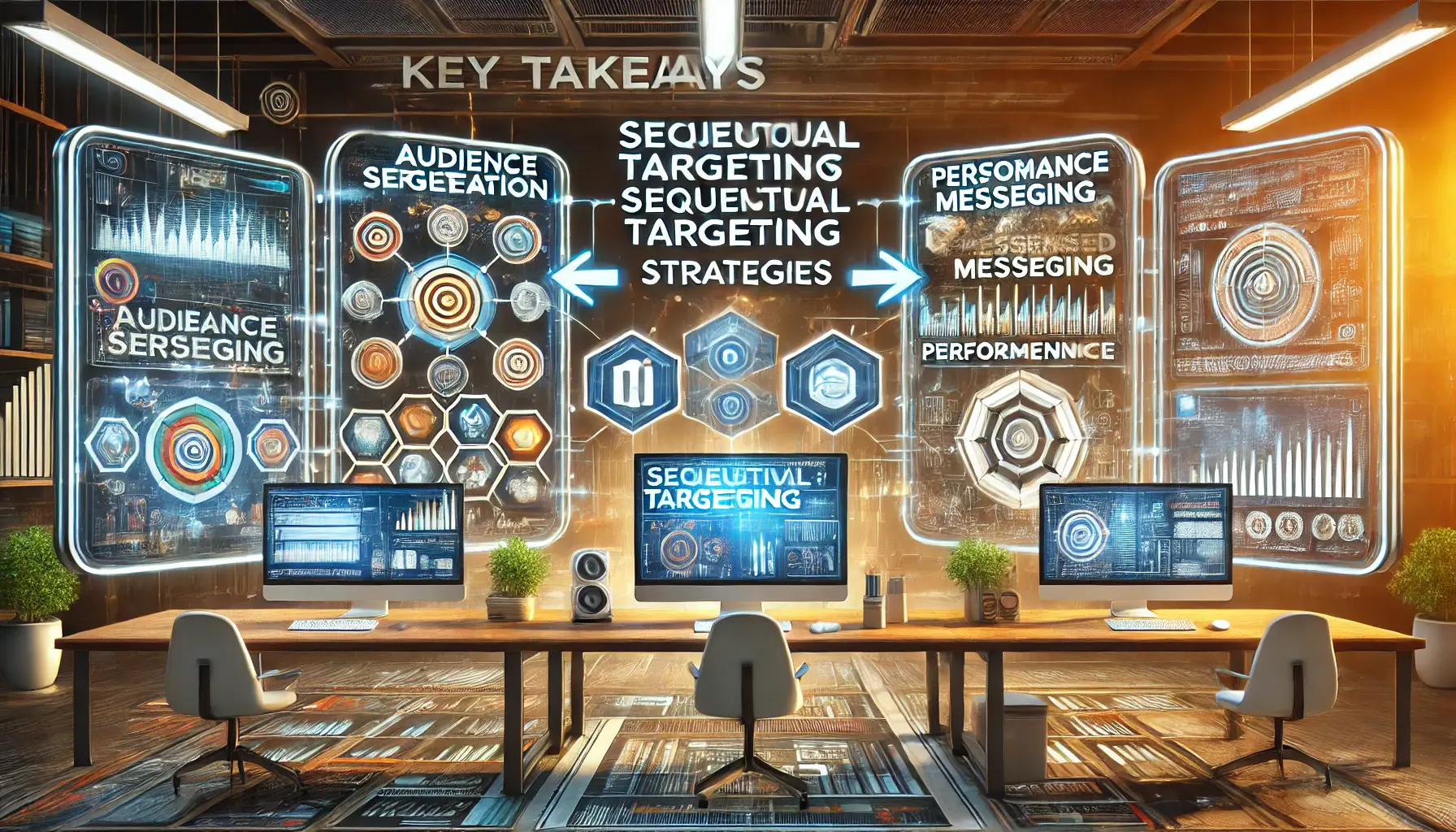 A digital workspace with multiple screens displaying audience segmentation, personalized messaging, and performance tracking for sequential targeting.