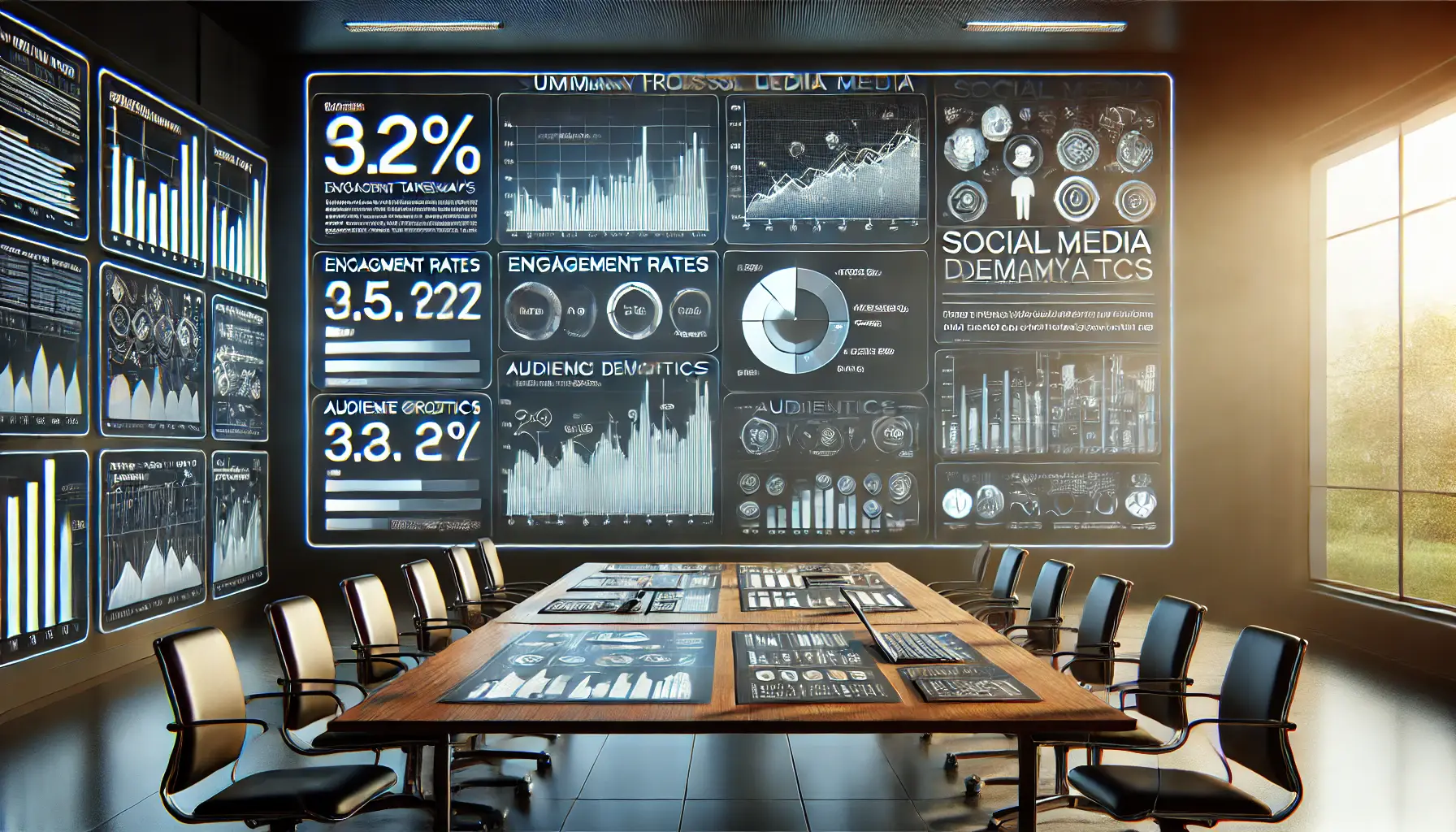 A modern digital workspace summarizing the key takeaways from social media analytics with interactive dashboards showing performance metrics, engagement rates, and audience demographics.