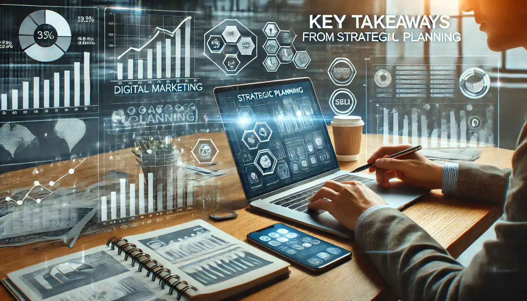 A digital marketing professional reviewing performance data on a laptop, with charts and graphs showing campaign progress in the background.