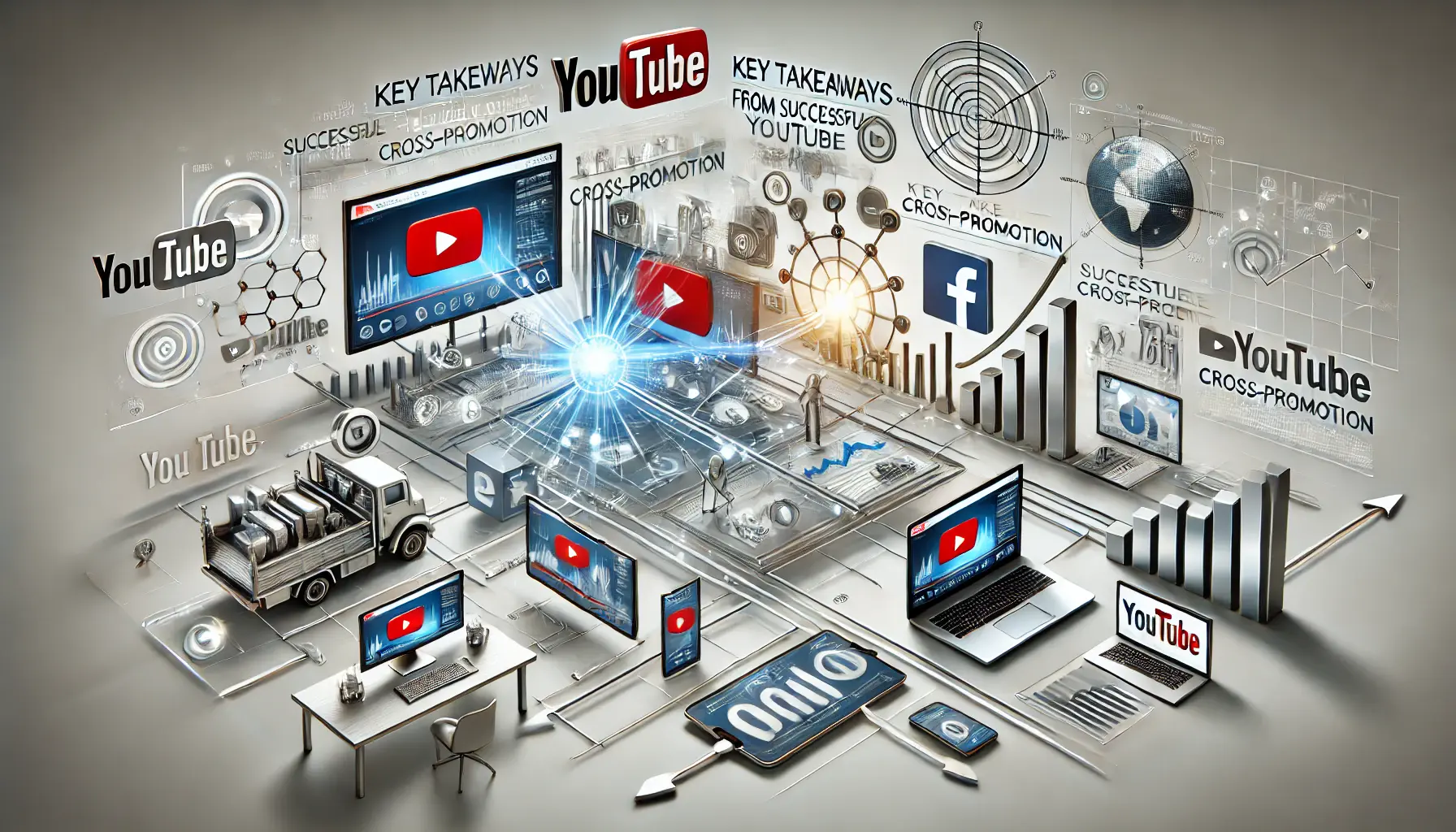 An illustration showing various digital marketing elements like video ads, social media platforms, and analytics dashboards for successful YouTube cross-promotion.