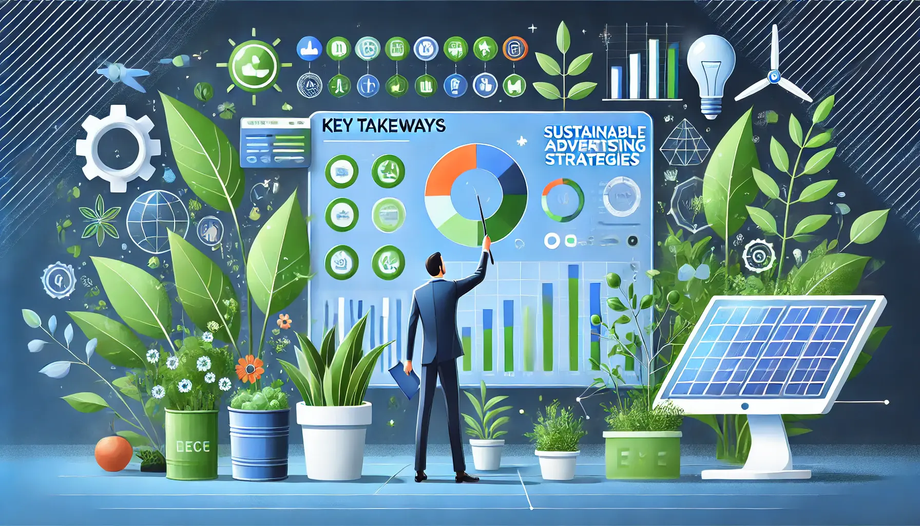 Illustration of a digital marketer reviewing key performance metrics on a screen, with eco-friendly elements like plants and solar panels.