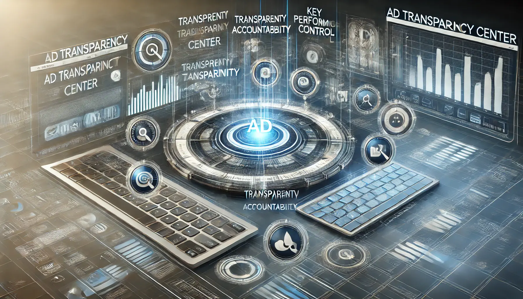 A conceptual visualization of the key takeaways from the Ad Transparency Center, featuring transparent ad data, key insights, and performance metrics.