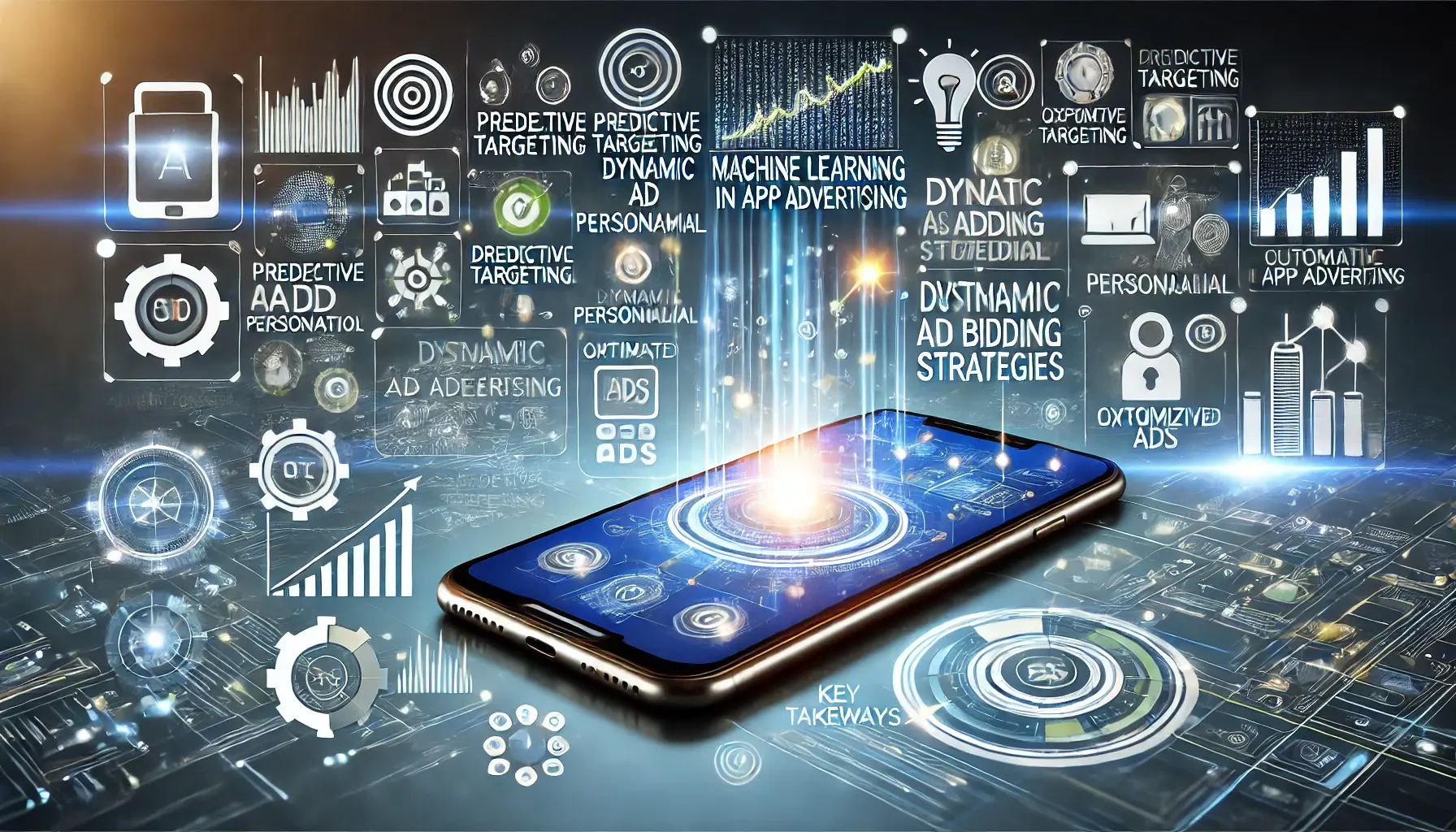 An image illustrating key takeaways from an article about machine learning in app advertising, with icons representing targeting, personalization, and bidding strategies.