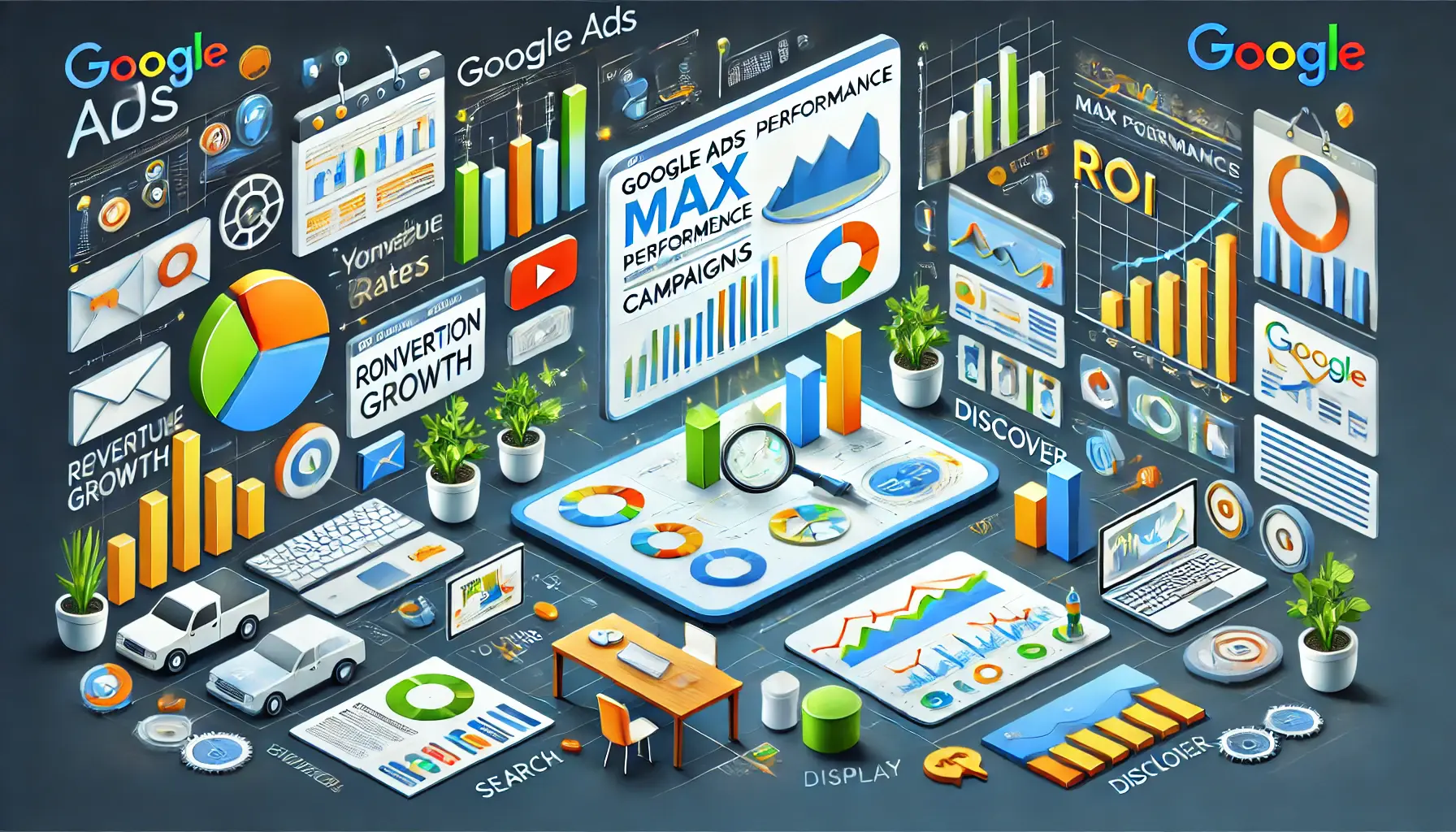 A professional illustration showing a digital workspace with key elements such as charts, graphs, and icons representing Google platforms, symbolizing key takeaways from Performance Max campaigns.