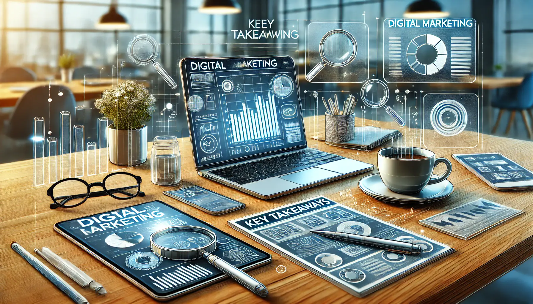 A digital marketing workspace with a desk filled with documents, notes, a tablet, a cup of coffee, and a laptop displaying analytics.