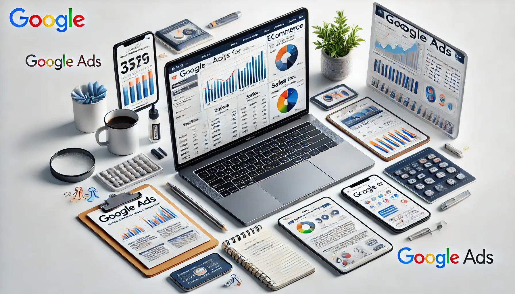 A clean desk with a laptop displaying campaign metrics, sales graphs, and a product list, surrounded by a notebook with notes, a smartphone, and a coffee mug in a modern workspace.