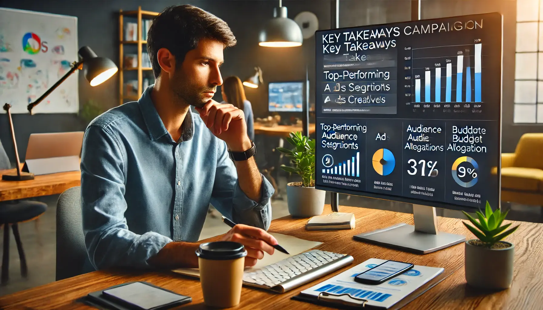 A digital marketer reviewing performance insights and key takeaways from a Google Ads campaign, with a summary of audience segments, ad creatives, and budget allocation on the screen.