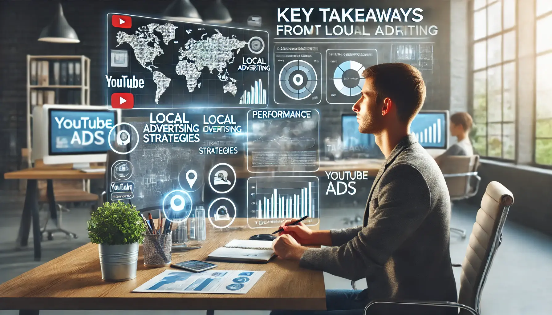 A digital marketing professional reflecting on key takeaways from an article about YouTube local advertising strategies, reviewing performance data and insights on a digital notebook.