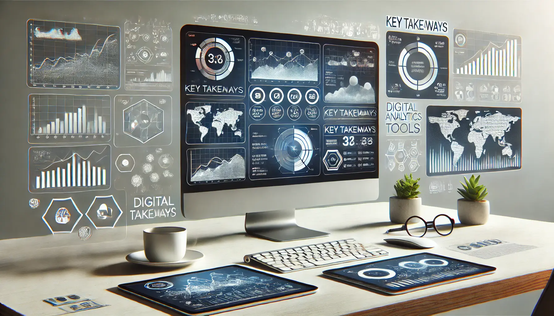 A modern digital workspace with a computer displaying multiple screens showing key takeaways from data analytics tools, including charts, graphs, and metrics.