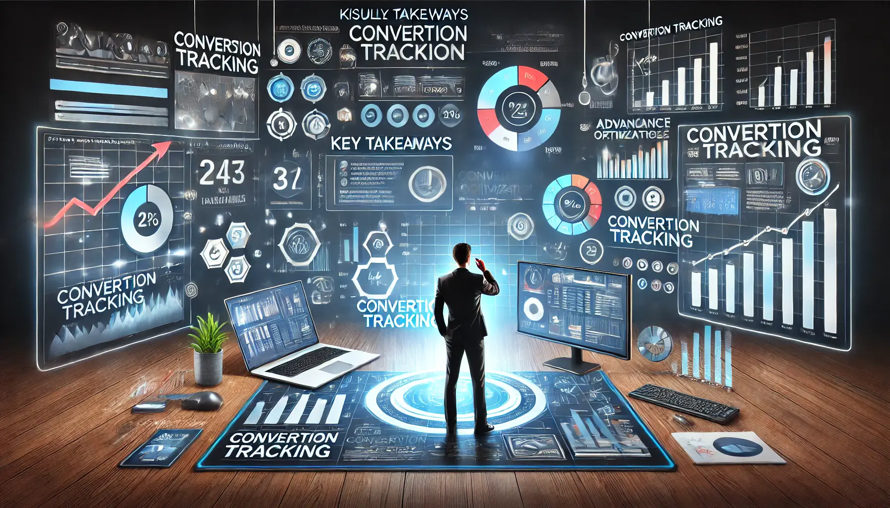 An image of a digital workspace with a marketer reviewing key metrics and data visualizations, reflecting the key takeaways from an article on conversion tracking.