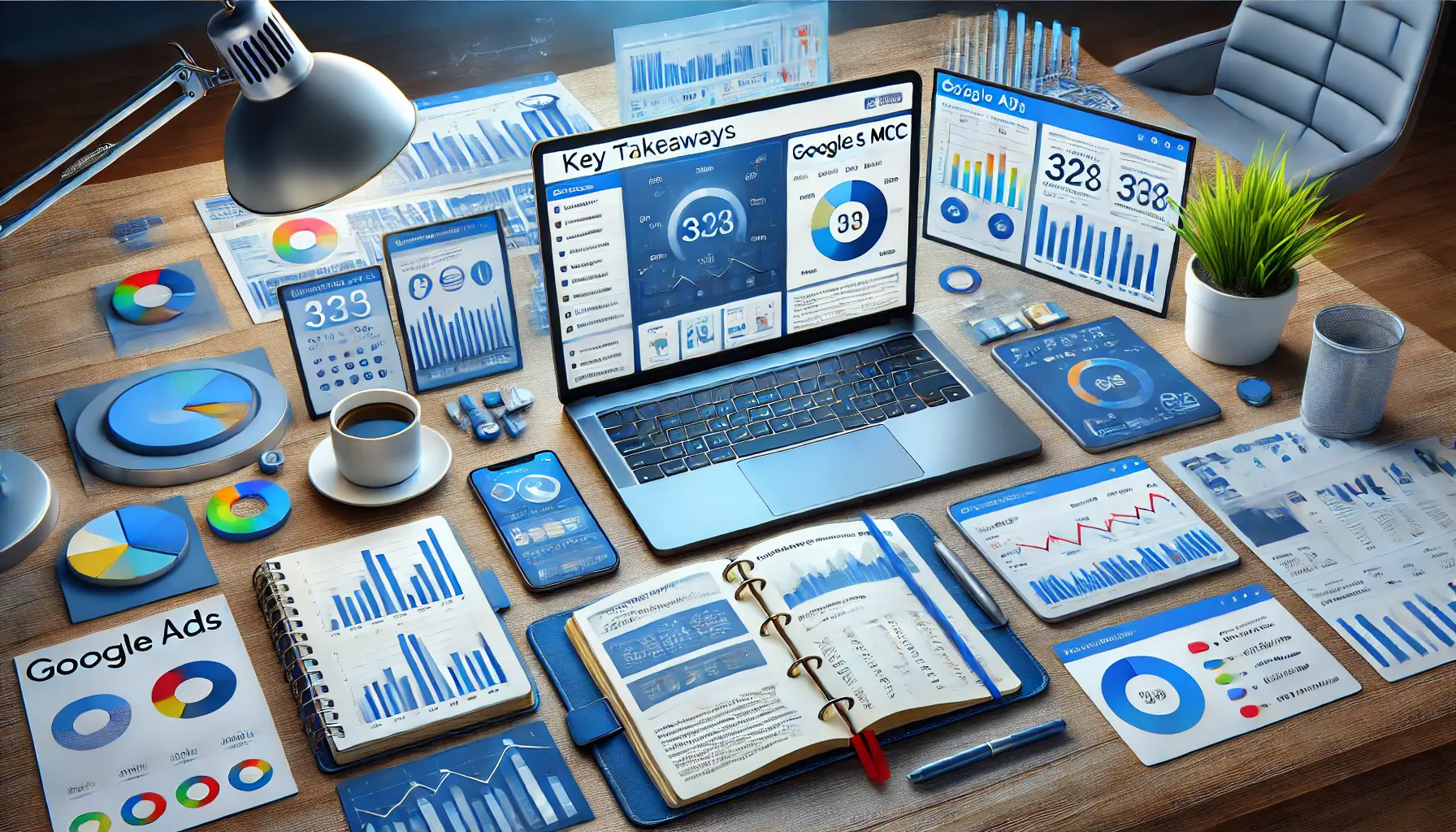 A professional digital marketing workspace with a laptop displaying MCC insights, a notebook with charts, and additional devices showing campaign data.