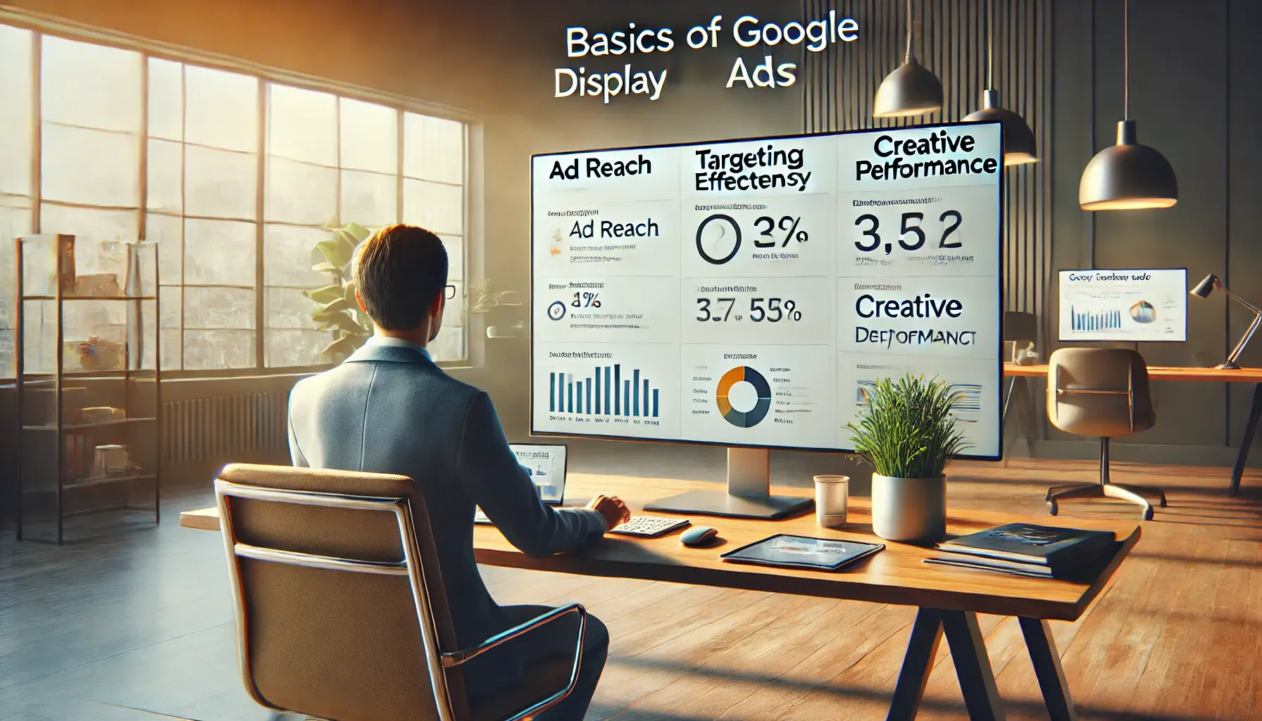 An image of a professional reviewing key takeaways from the basics of Google Display Ads, with performance metrics and insights visible on the computer screen.