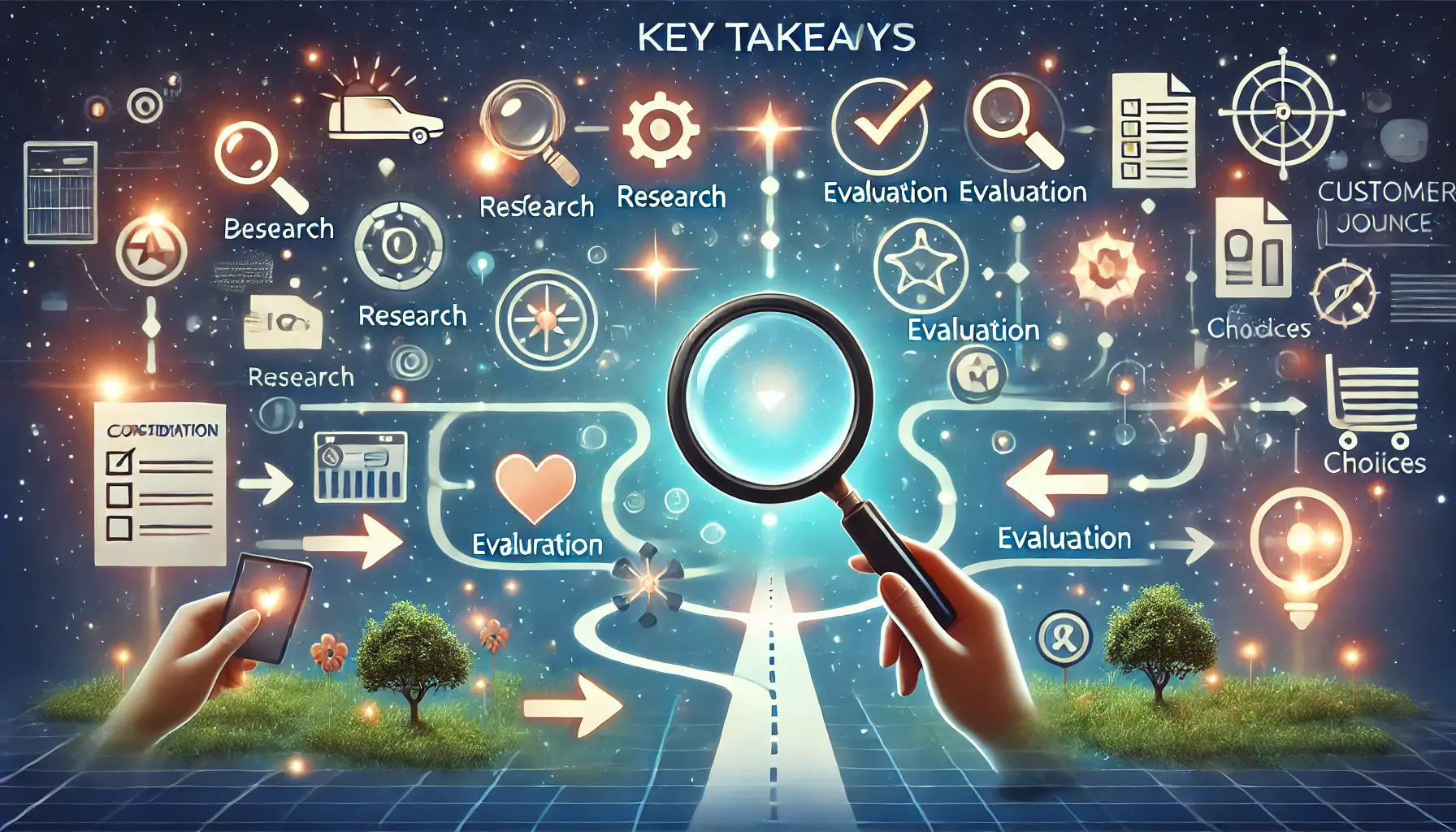 Illustration of decision-making symbols like a magnifying glass, checklist, and arrows representing choices in the consideration phase.