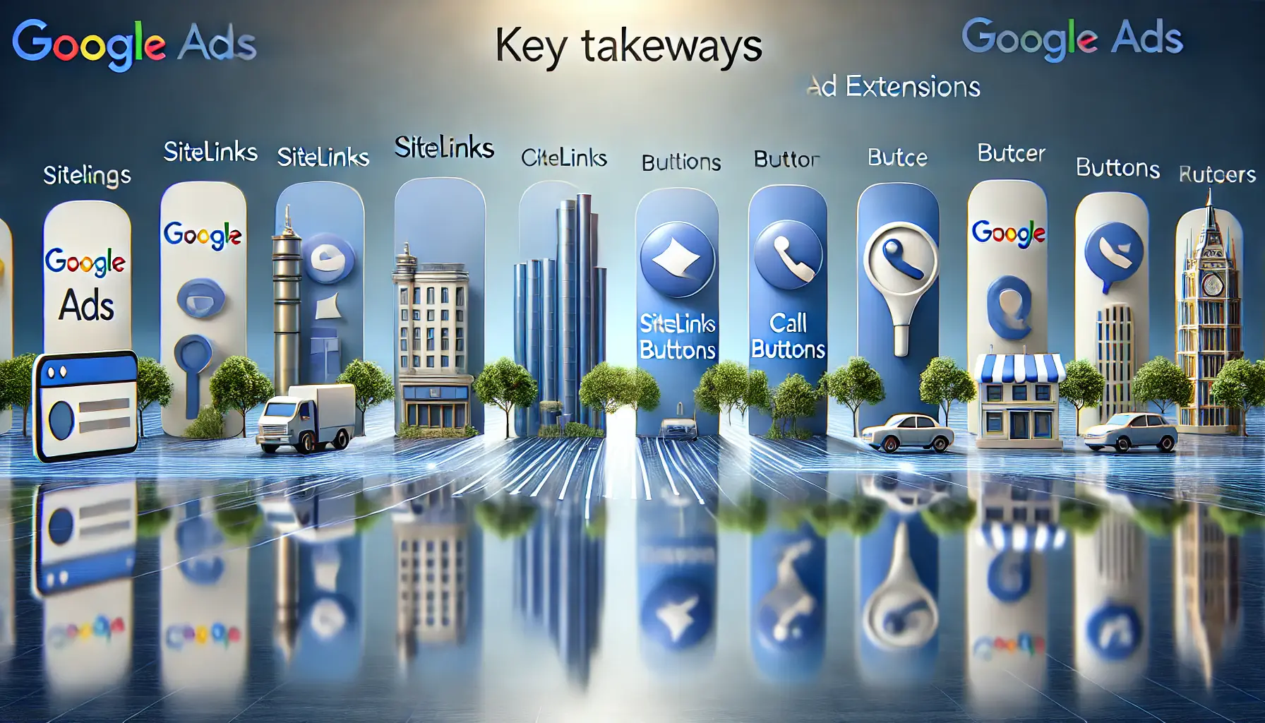 An image representing the evolution of ad extensions in Google Ads, showcasing the progression of features like sitelinks, call buttons, and price extensions over time.