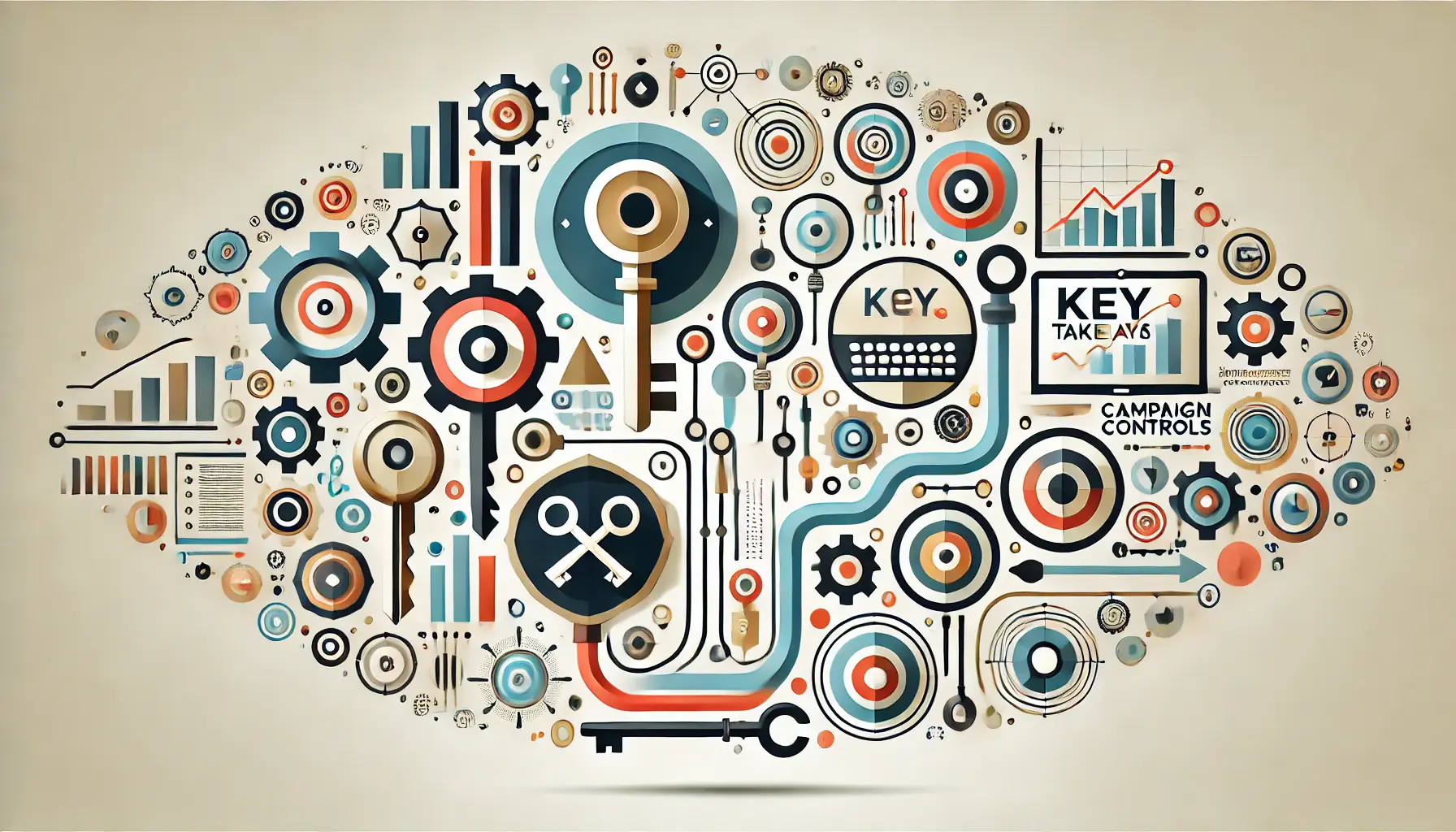 Abstract image symbolizing key takeaways from the evolution of campaign controls, featuring key symbols and digital tools.