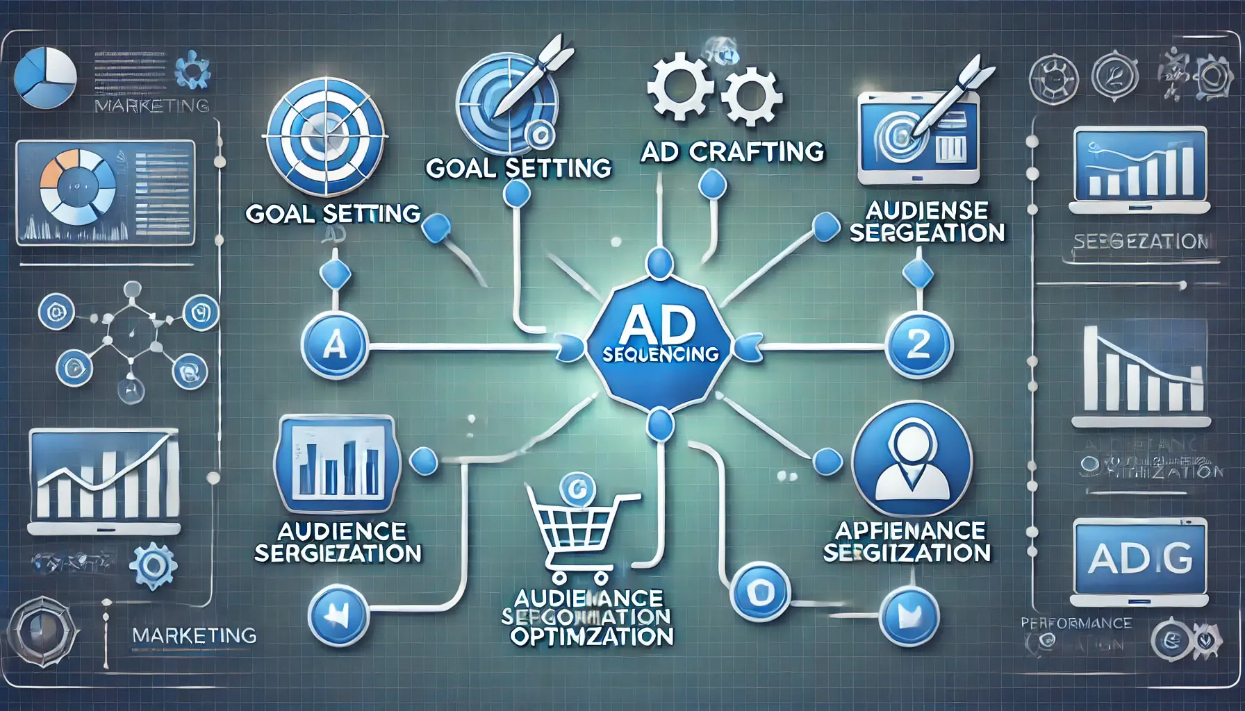 Image illustrating the key takeaways from the four steps of ad sequencing, with icons representing goal setting, ad crafting, audience segmentation, and performance optimization.