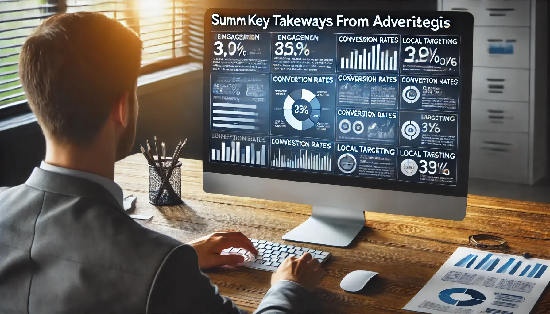 A digital marketer summarizing key takeaways from advertising strategies, with key performance metrics displayed on the computer screen.