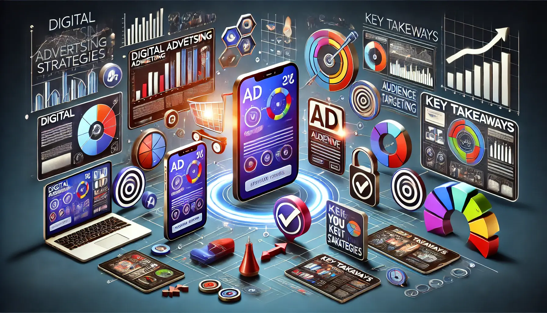 Illustration highlighting key takeaways from digital advertising strategies with devices and performance metrics.