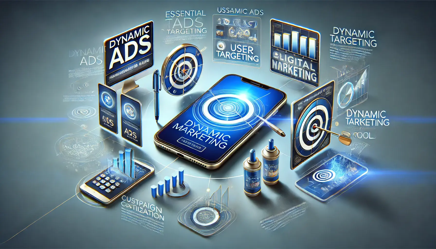 Illustration showing key takeaways in digital marketing with visuals of dynamic ads and user targeting across devices.