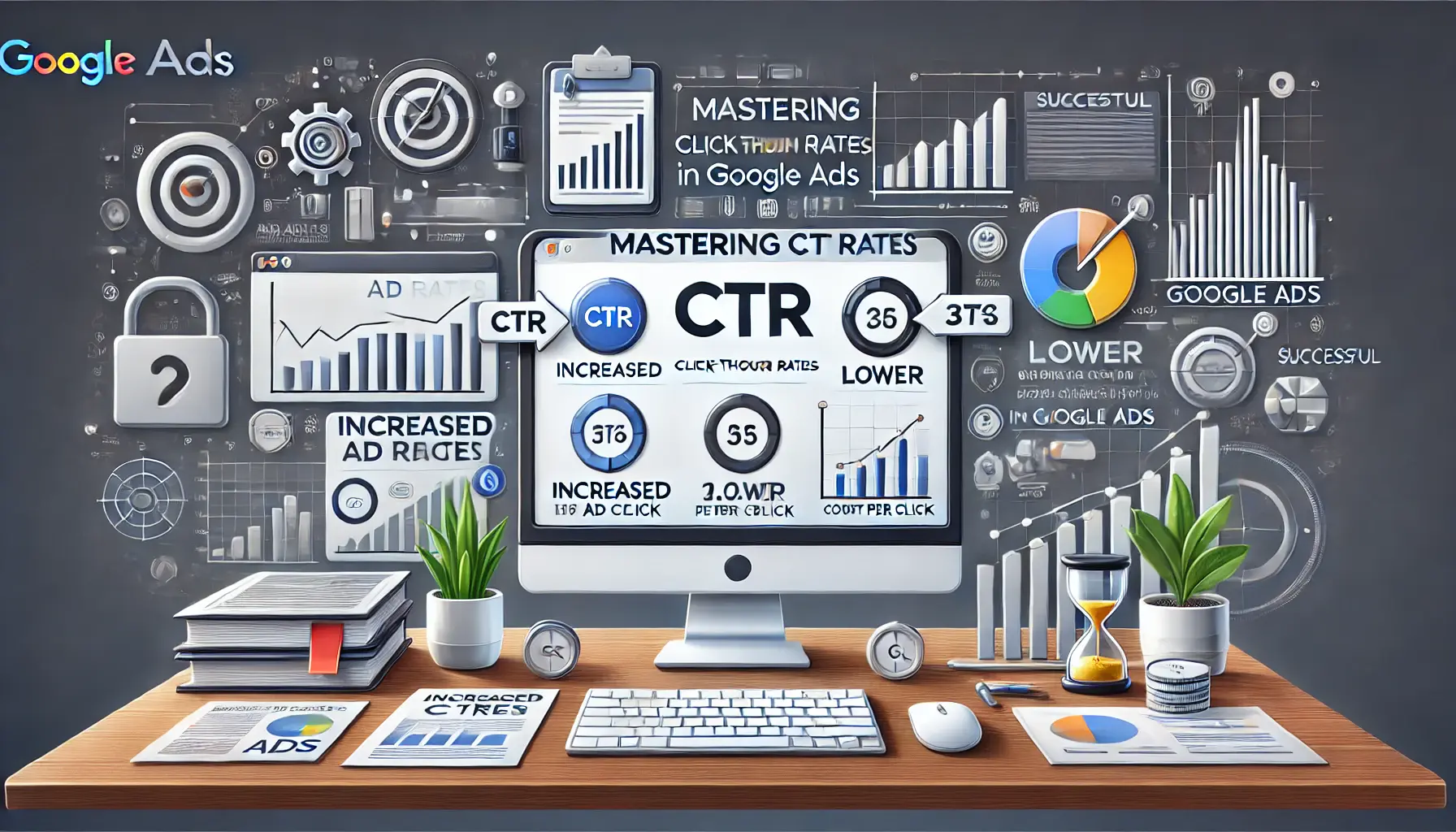 An illustration showing the key takeaways for mastering click-through rates (CTR) in Google Ads, with metrics like increased CTR and improved ad performance.