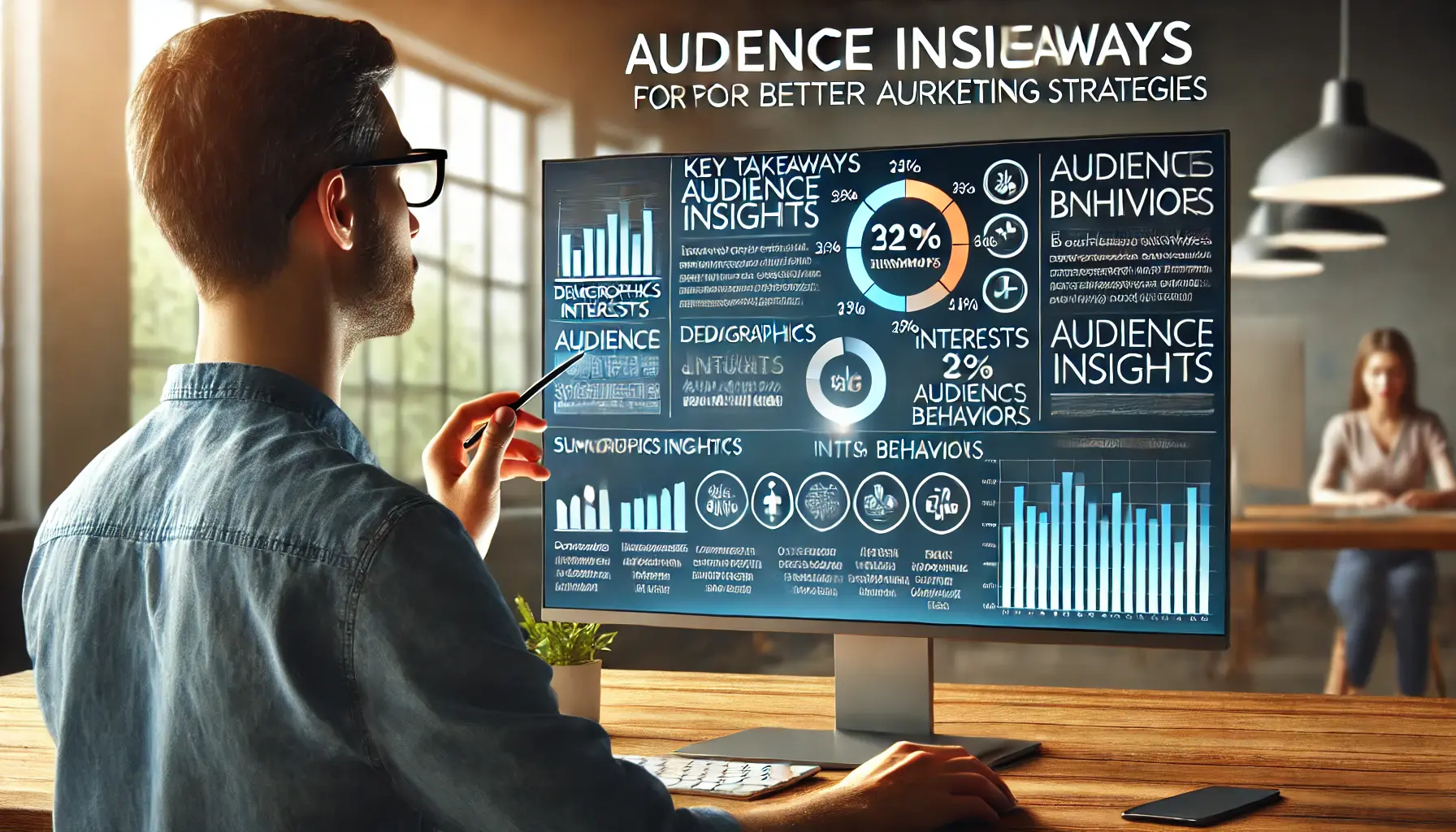 A digital marketer reviewing key takeaways on audience insights on a computer screen, with visual data showing demographics, interests, and behaviors in a modern office.