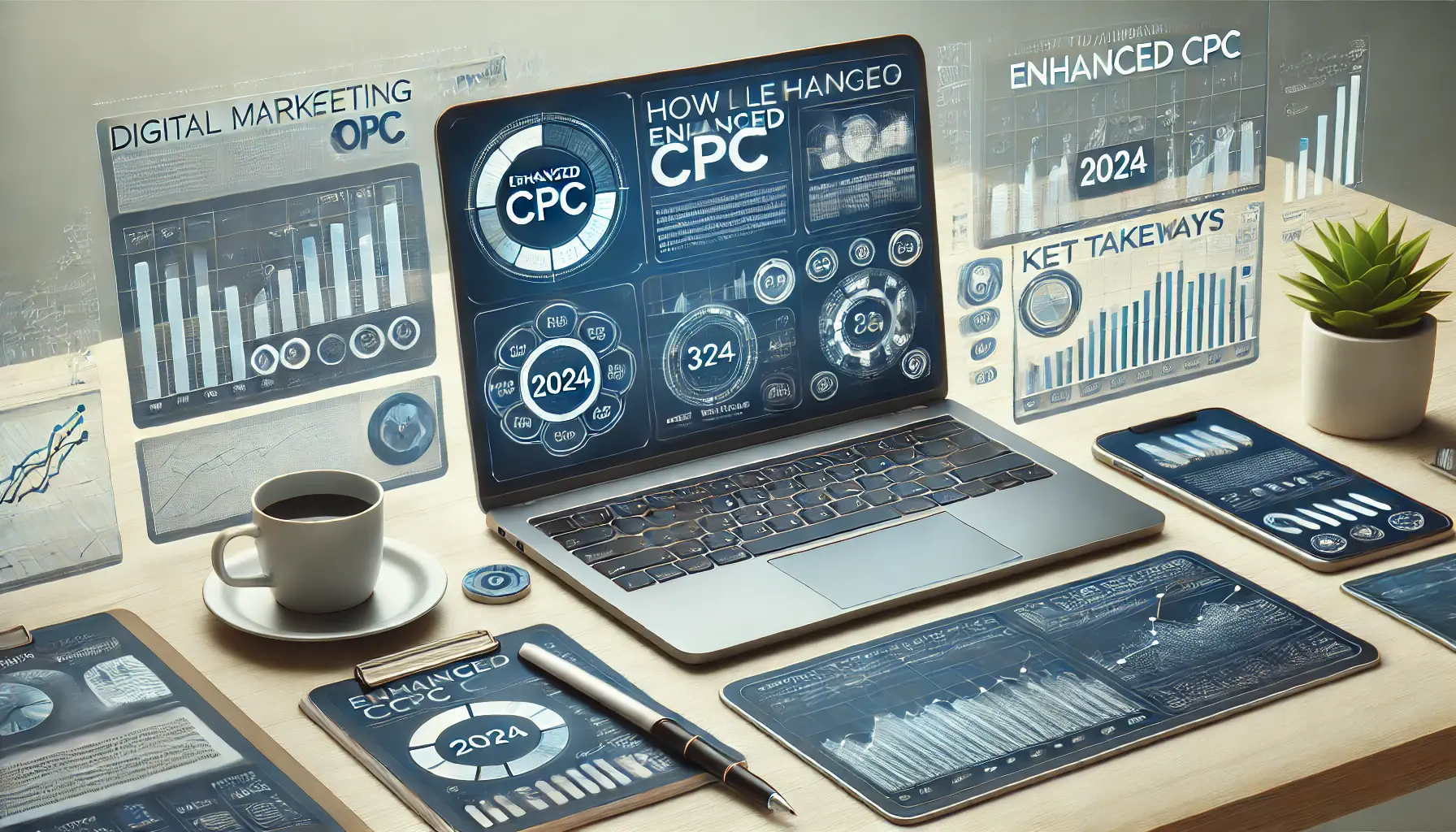 A digital marketing workspace with a laptop displaying a dashboard showing metrics and graphs for leveraging Enhanced CPC in 2024.