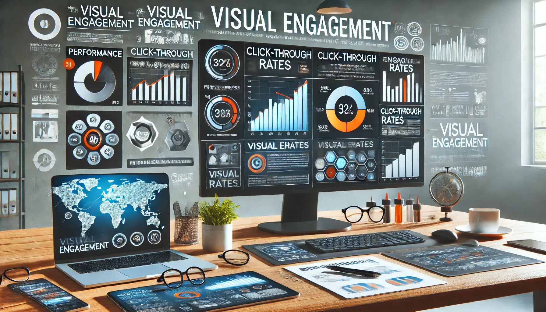 Professional digital marketing workspace showing performance charts, visual elements, and analytics data on a monitor.