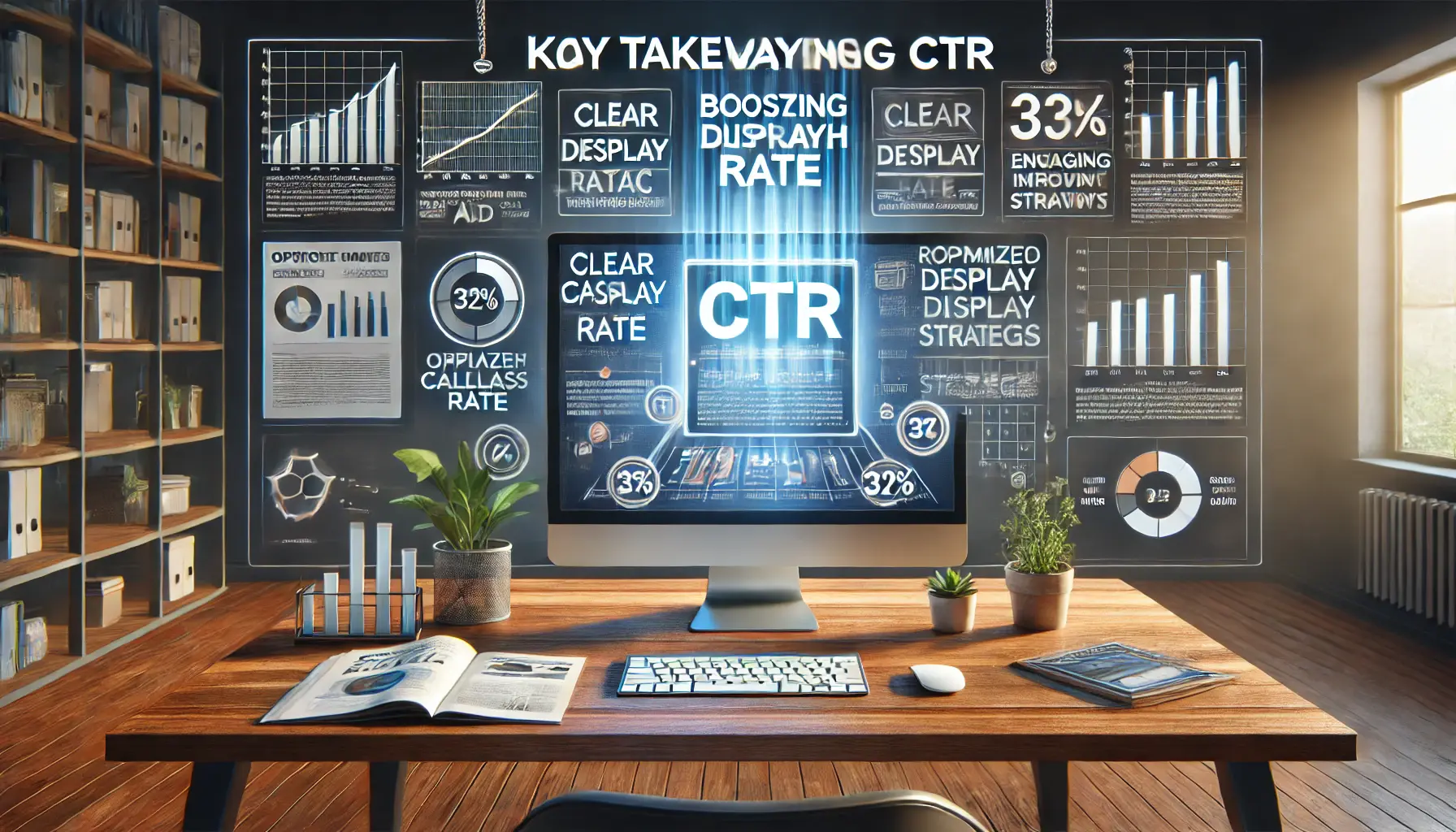 A digital workspace showing an optimized display ad with clear calls-to-action, appealing visuals, and performance metrics to boost CTR