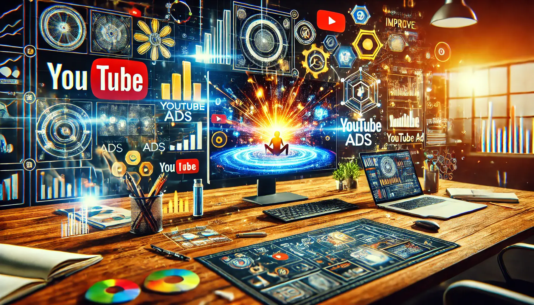 A dynamic creative workspace with a computer screen displaying a YouTube ad in production, surrounded by motion graphics and visual elements.