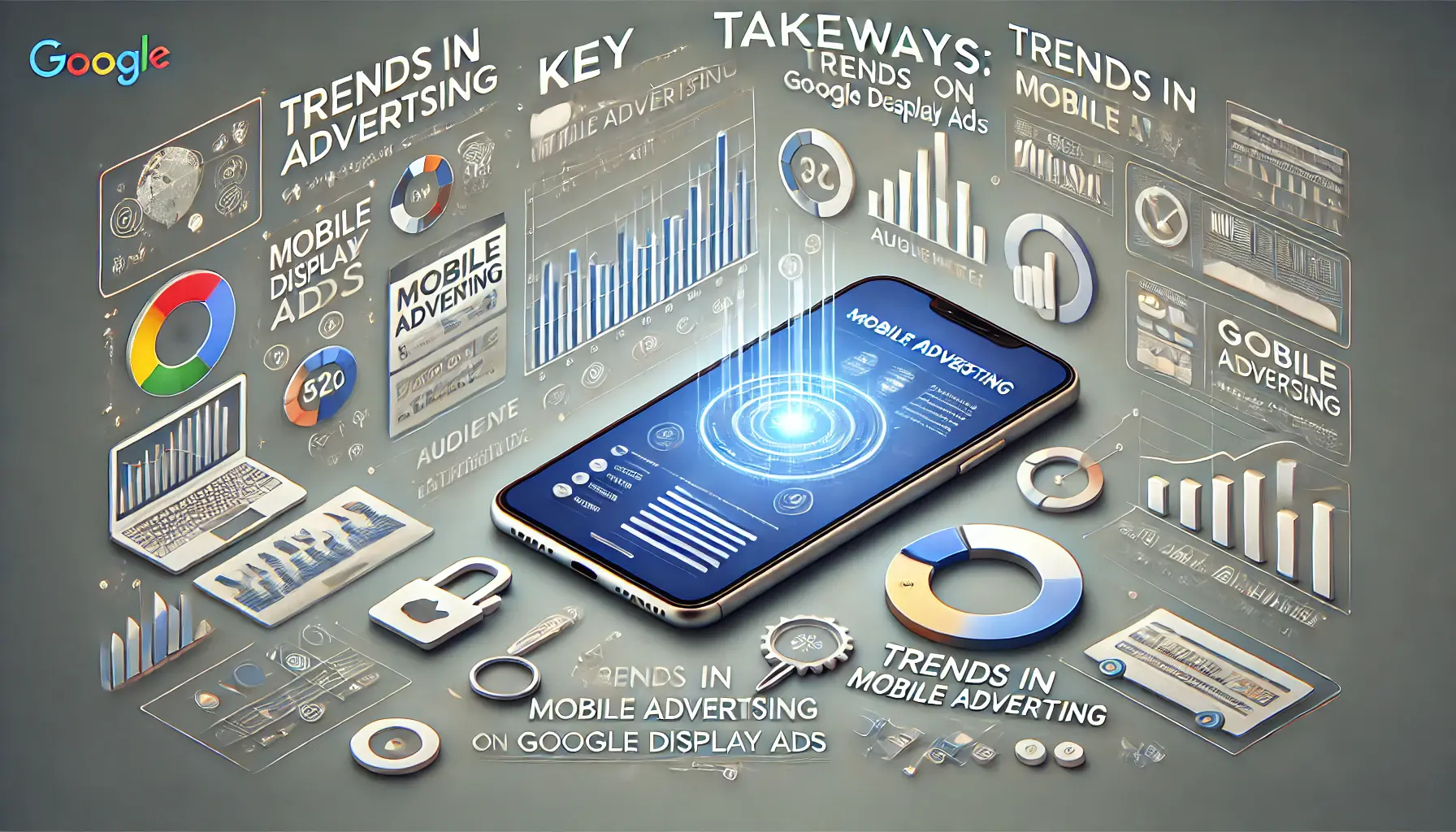 Illustration of mobile advertising trends with a smartphone displaying ad data, charts, and audience metrics.