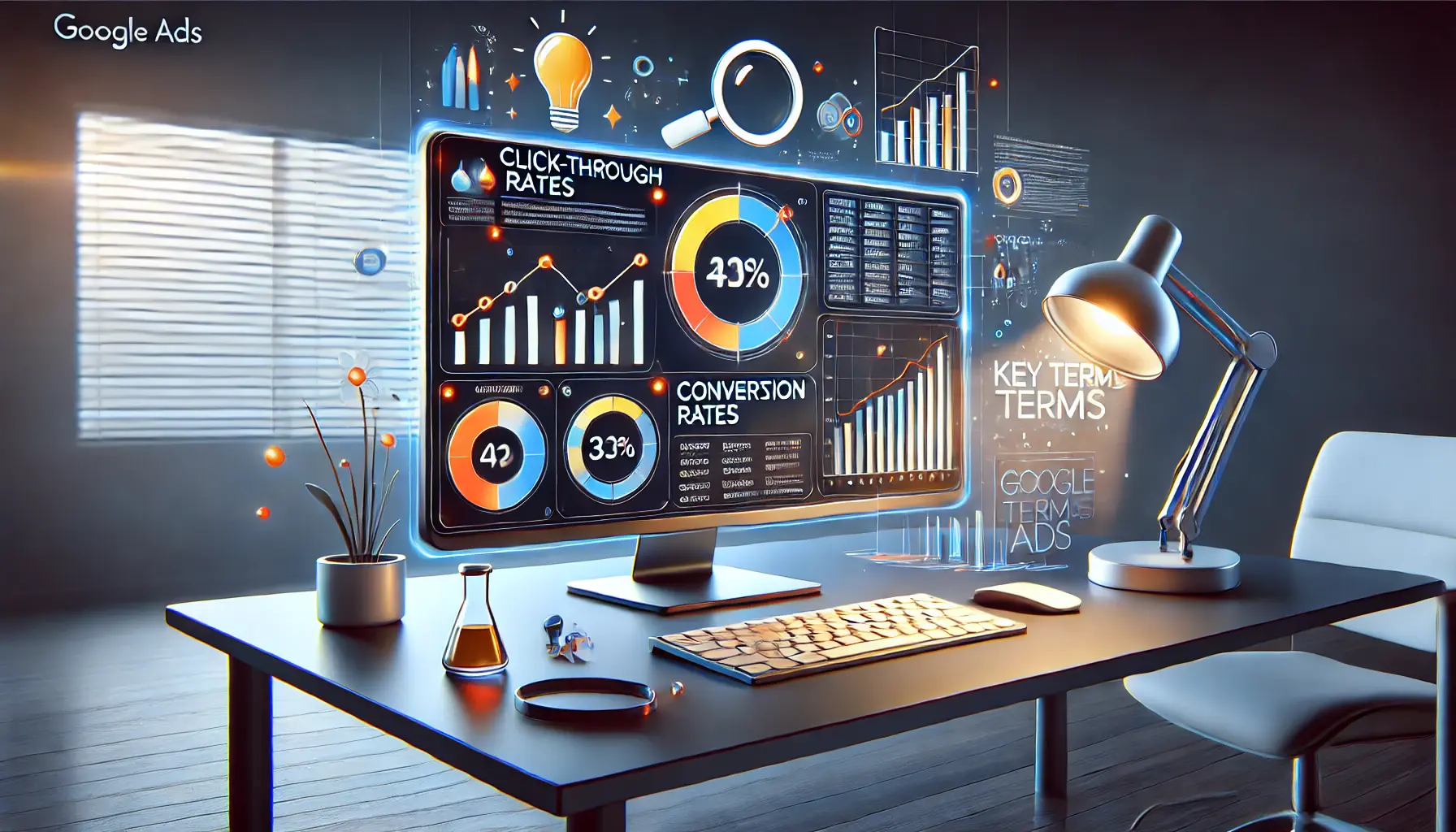 A modern workspace featuring a desktop screen with organized analytics dashboards and icons symbolizing learning and key Google Ads terms.