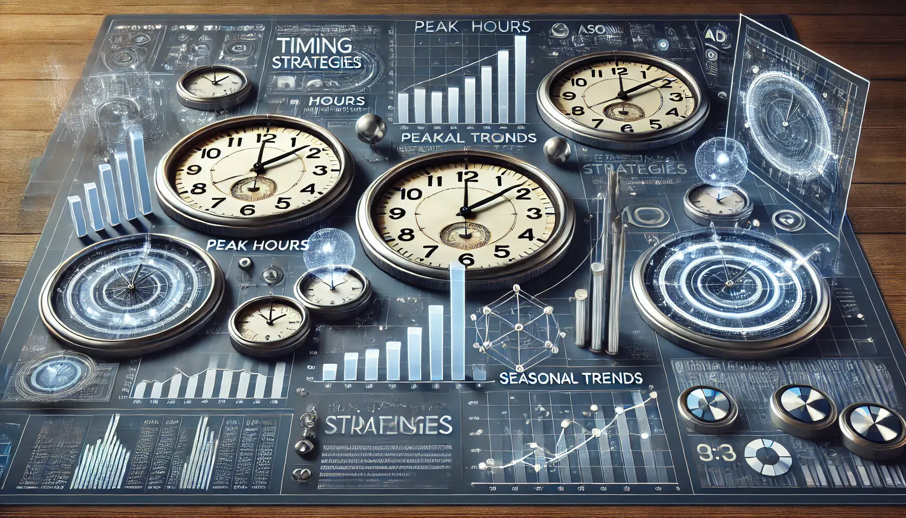 An image featuring a combination of clocks, graphs, and data points, representing key timing strategies for digital advertising such as peak hours, seasonal trends, and time-sensitive ad placements.