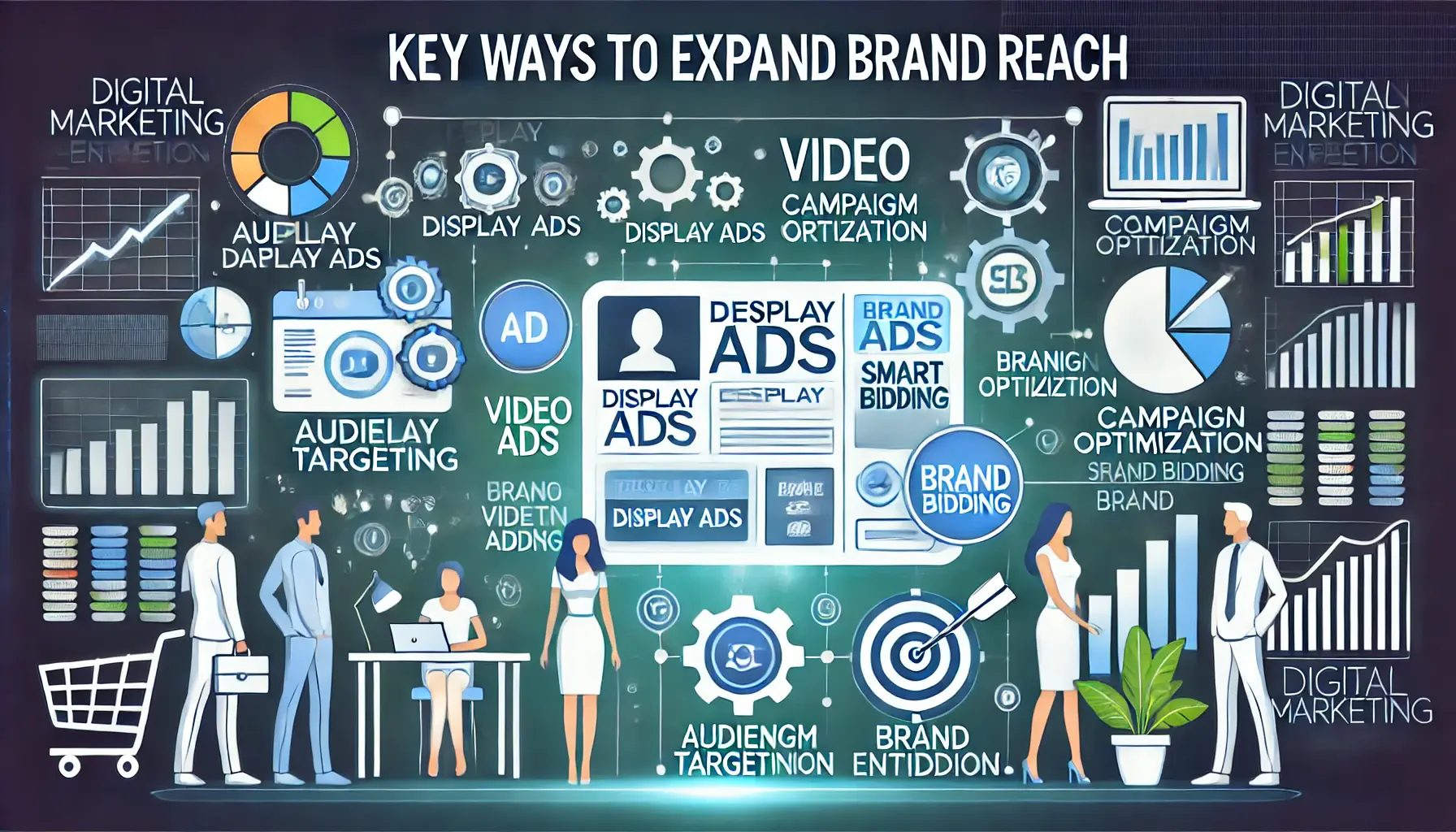 Digital marketing dashboard showing ad formats like display ads, video ads, and smart bidding, symbolizing ways to expand brand reach.