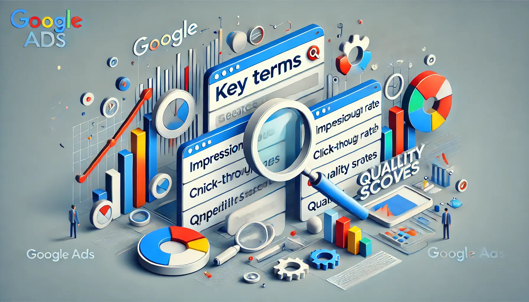 A clean and modern illustration representing key terms in Google Ads, featuring search bars, graphs, and icons for impressions and CTR.