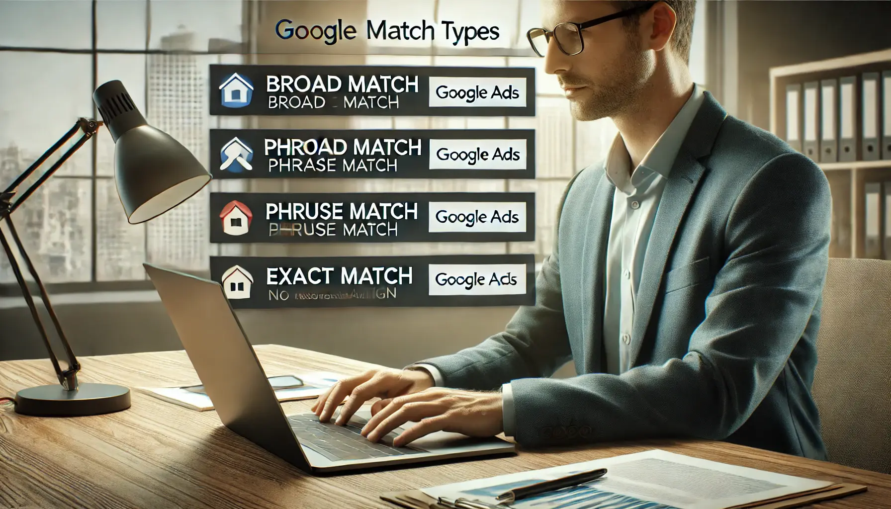 A real estate agent analyzing Google Ads keyword match types (broad match, phrase match, exact match) on a laptop in a modern office setting.