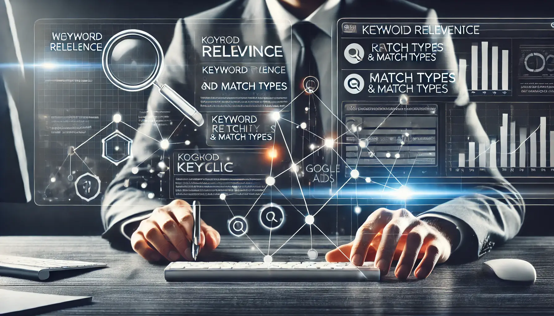 A digital marketing professional analyzing keyword relevance and match types on a screen with connected nodes and metrics.