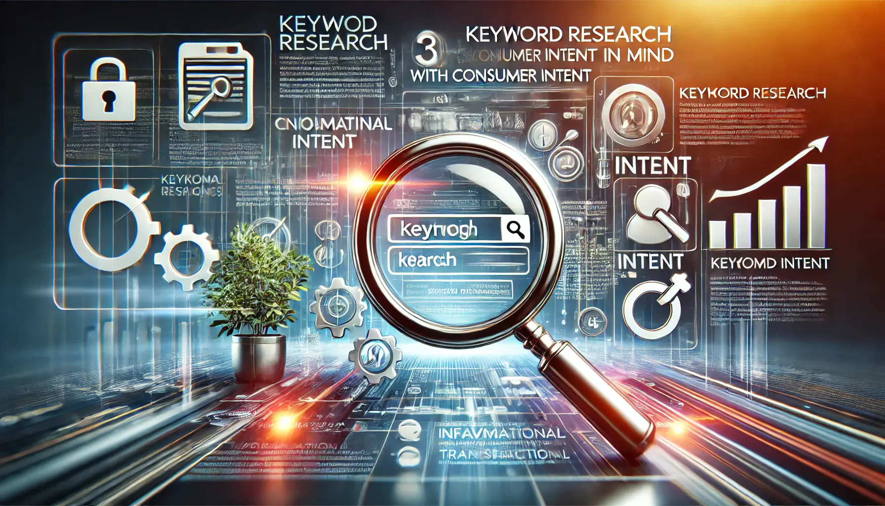 Abstract image showing a search bar, keyword analytics, and icons for informational, navigational, and transactional intent.