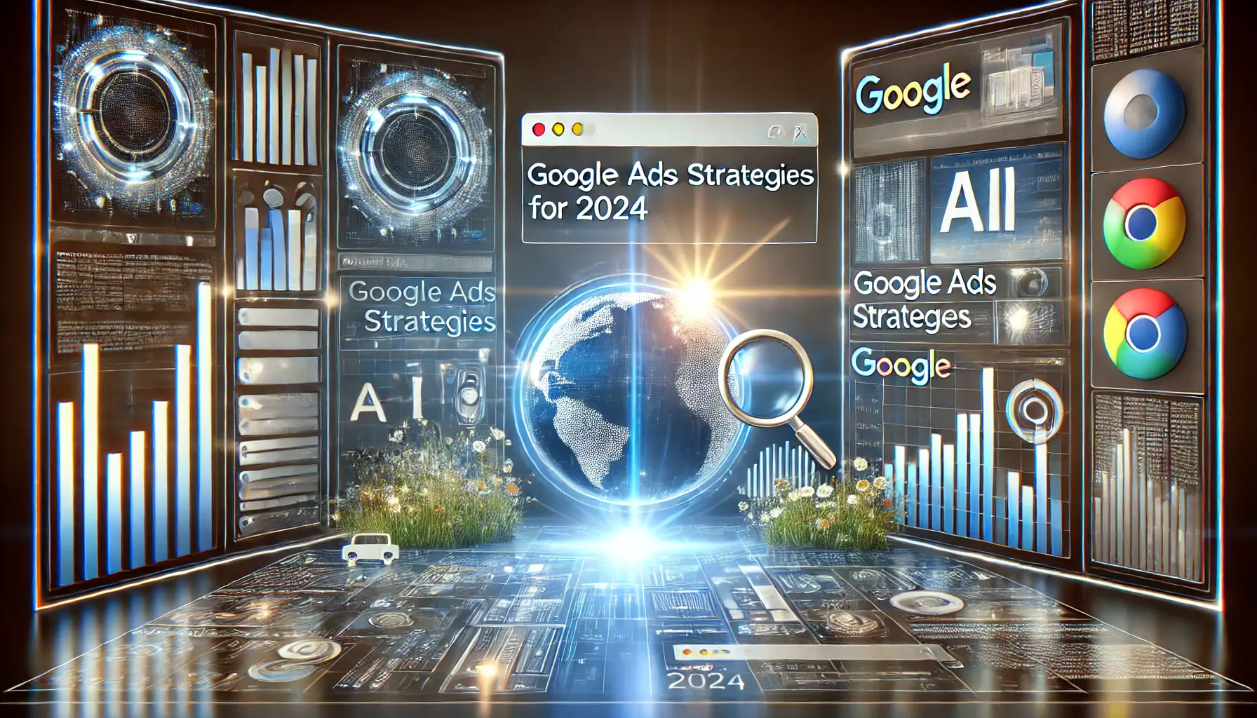 A modern digital marketing-themed image featuring a futuristic interface with AI-driven data analytics and algorithmic patterns.