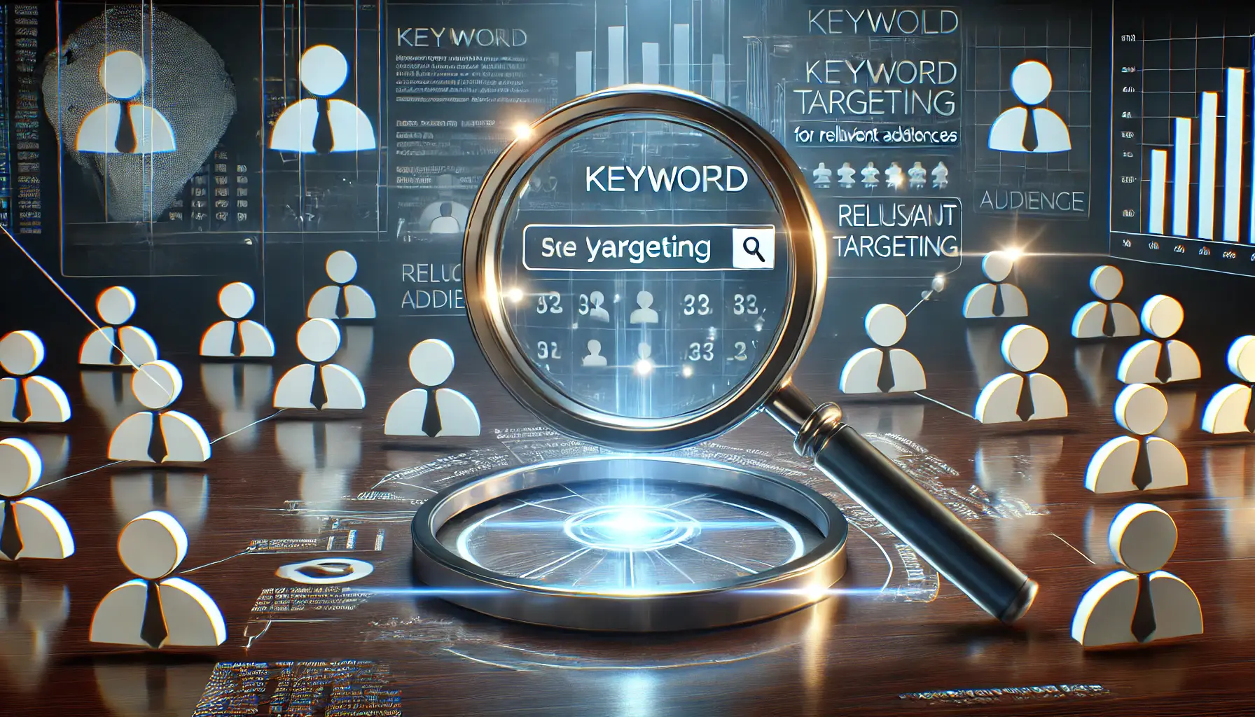 A magnified search bar with highlighted keywords surrounded by glowing user icons, representing targeted audiences in digital advertising.