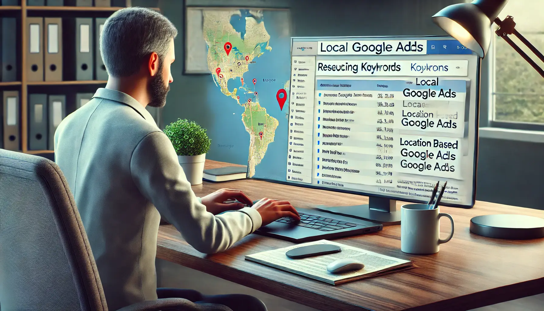 A small business owner researching location-based keywords for a Google Ads campaign on a laptop, with a map of the local area visible on the screen.