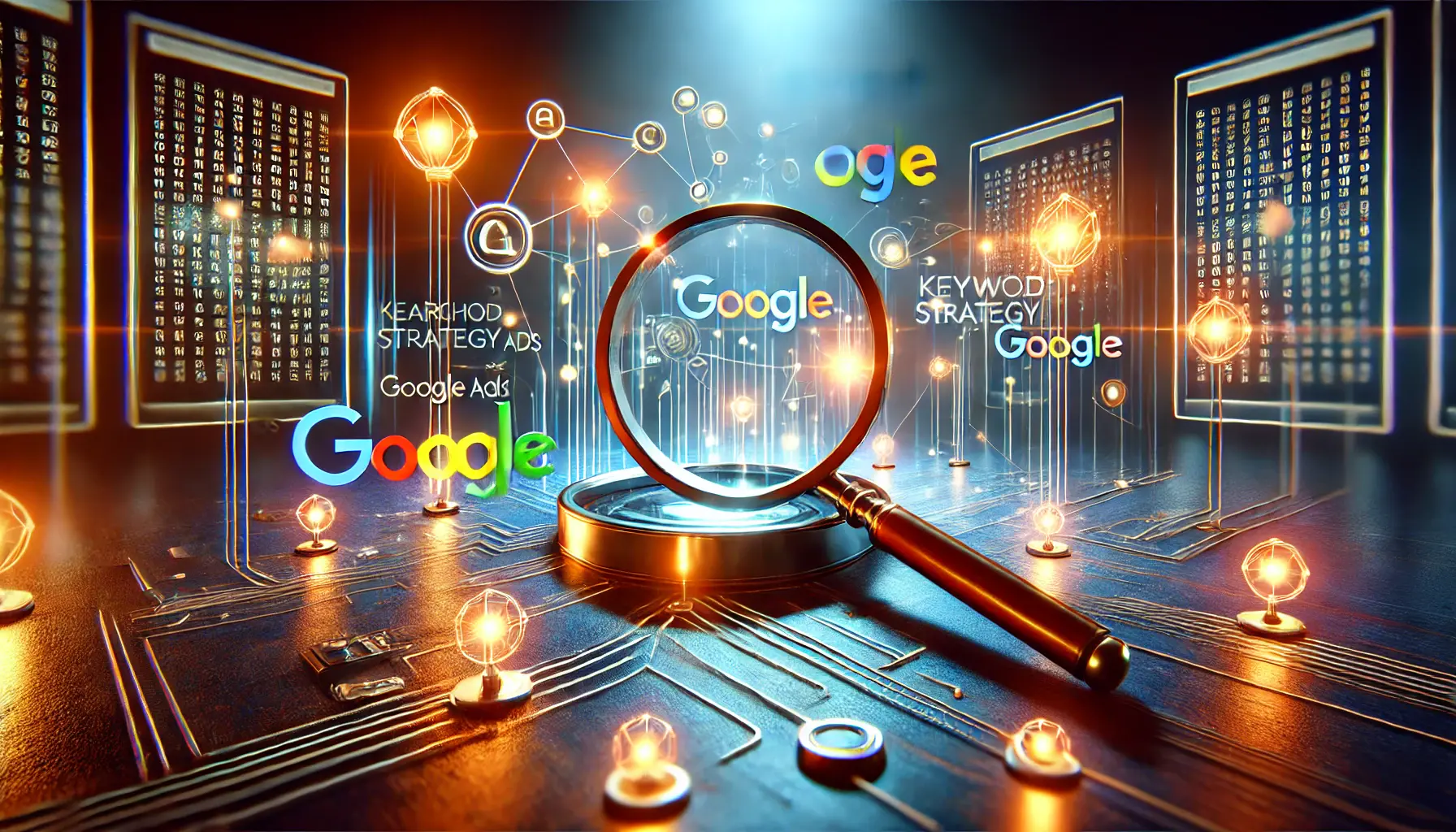 Abstract representation of digital marketing keyword strategy, featuring magnifying glass, data connections, and glowing icons symbolizing Google Ads in a high-tech workspace.